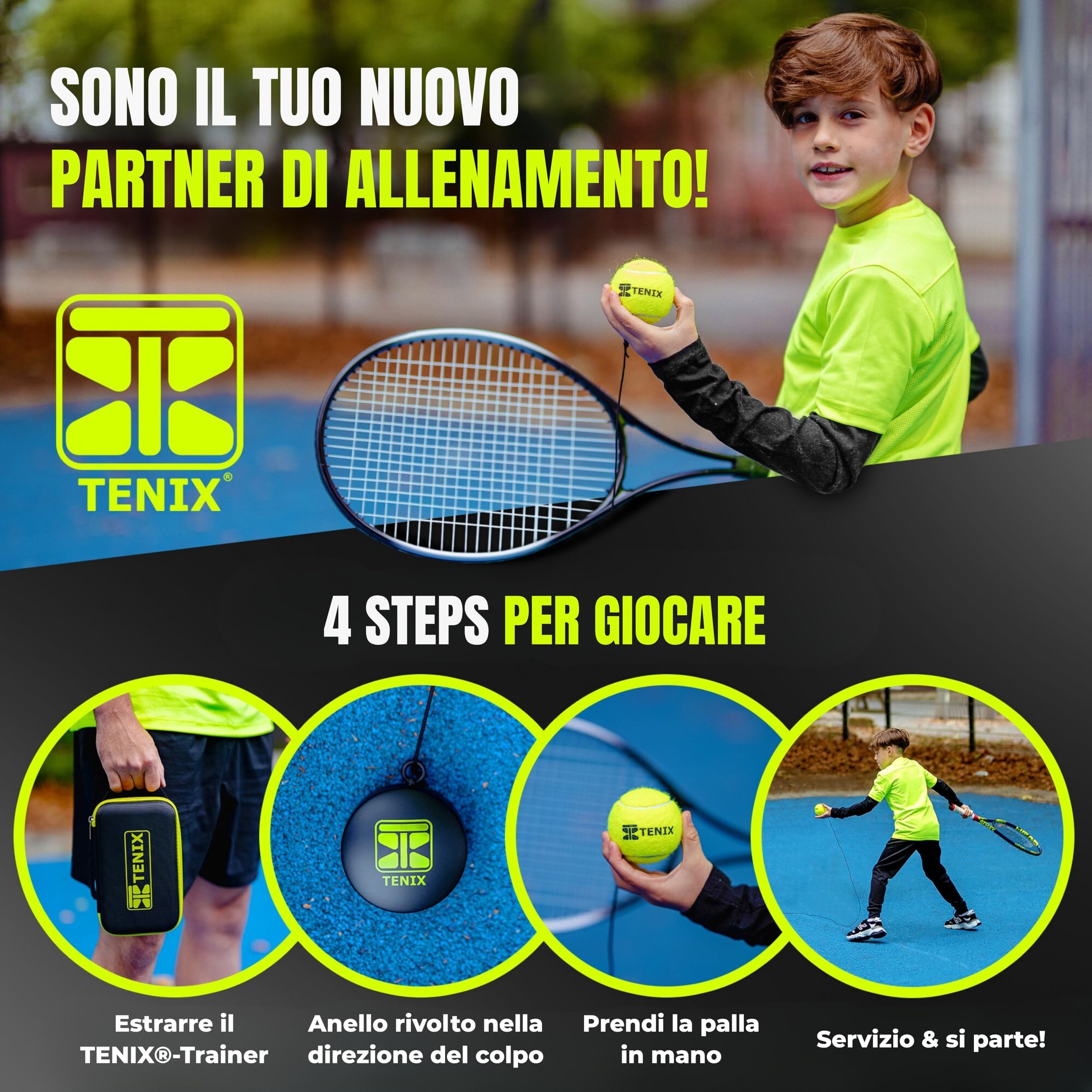 TENIX Tennis Trainer [with Power-Grip-System] Solo Tennis Training for Children and Adults | Play in the Garden, Park or on the Field | Your Pocket Tennis Trainer with Infinite Bounce! - 4