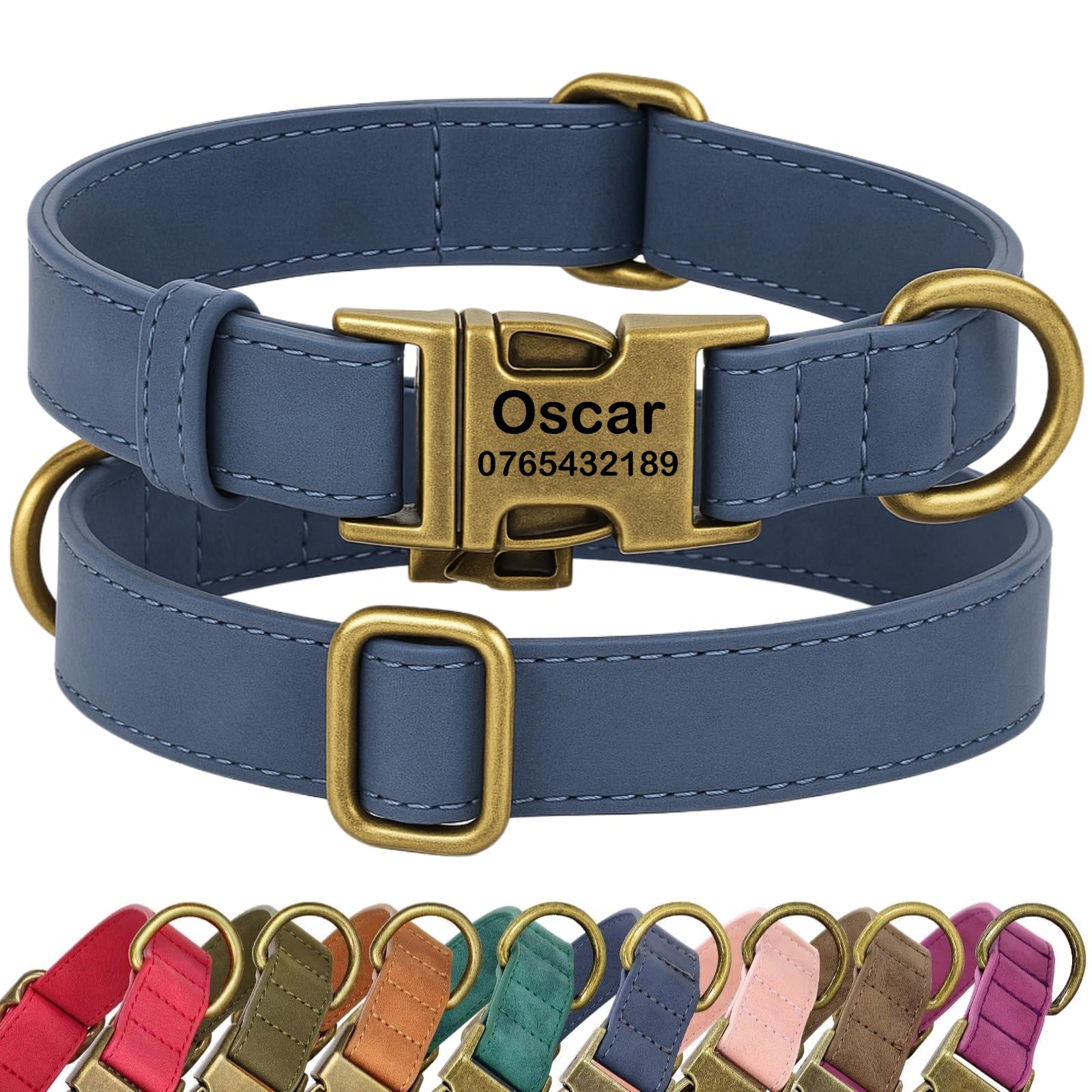 SEOUGEE Personalised Dog Collar with Engraved Name and Number, Custom Soft PU Leather Dog Collars, Adjustable & Durable Pet Collars with Quick Release Metal Buckle for Large Dogs (L, V-Blue 38-60cm)