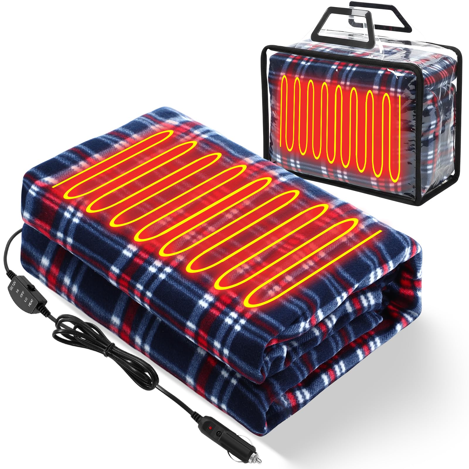 Tuanse 58x43 Inches 12v Heated Car Blanket Plug in, Blue Red, Stripe