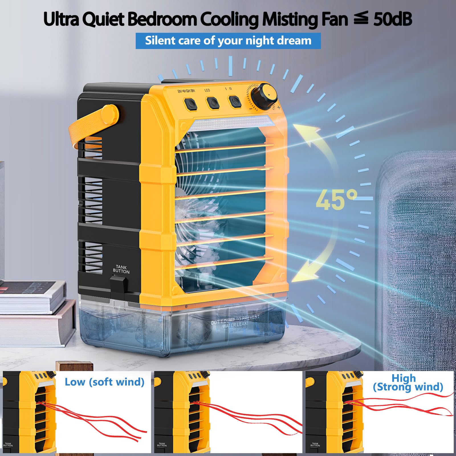 Ventilatore nebulizzatore portatile compatibile per batteria Dewalt da 20 V (senza batteria) o alimentato tramite USB, ventola di raffreddamento per camera da letto con 7 luci, timer 8H, serbatoio