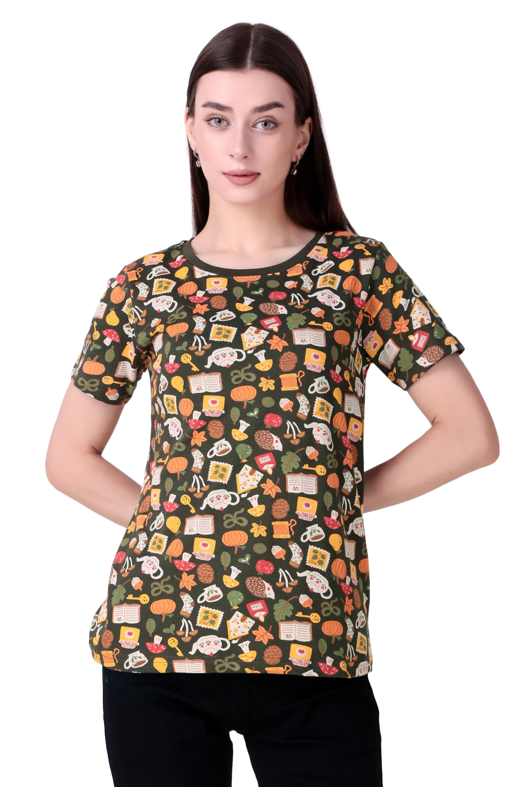 Dennis Lingo Women 100% Cotton Printed Tshirt in Ribbed Neck Includes Plus Sizes, Regular Fit and Half Sleeves (Sizes Medium -5XL) in multi