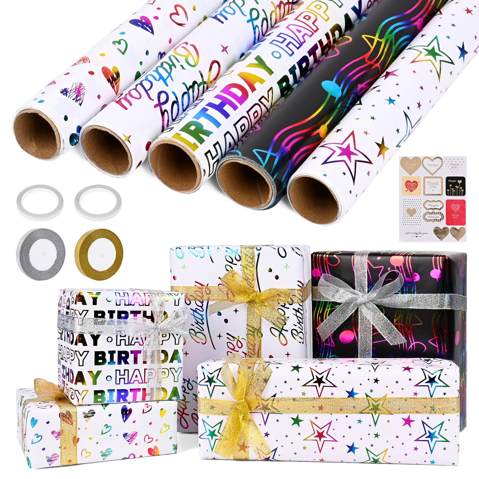 Ambesty - Pack Cadeau Anniversaire : 5 Rouleaux Papier Emballage 43 Cm X 3 M + 2 Rubans + Ruban Adhésif + Stickers, Thème Joyeux Anniversaire