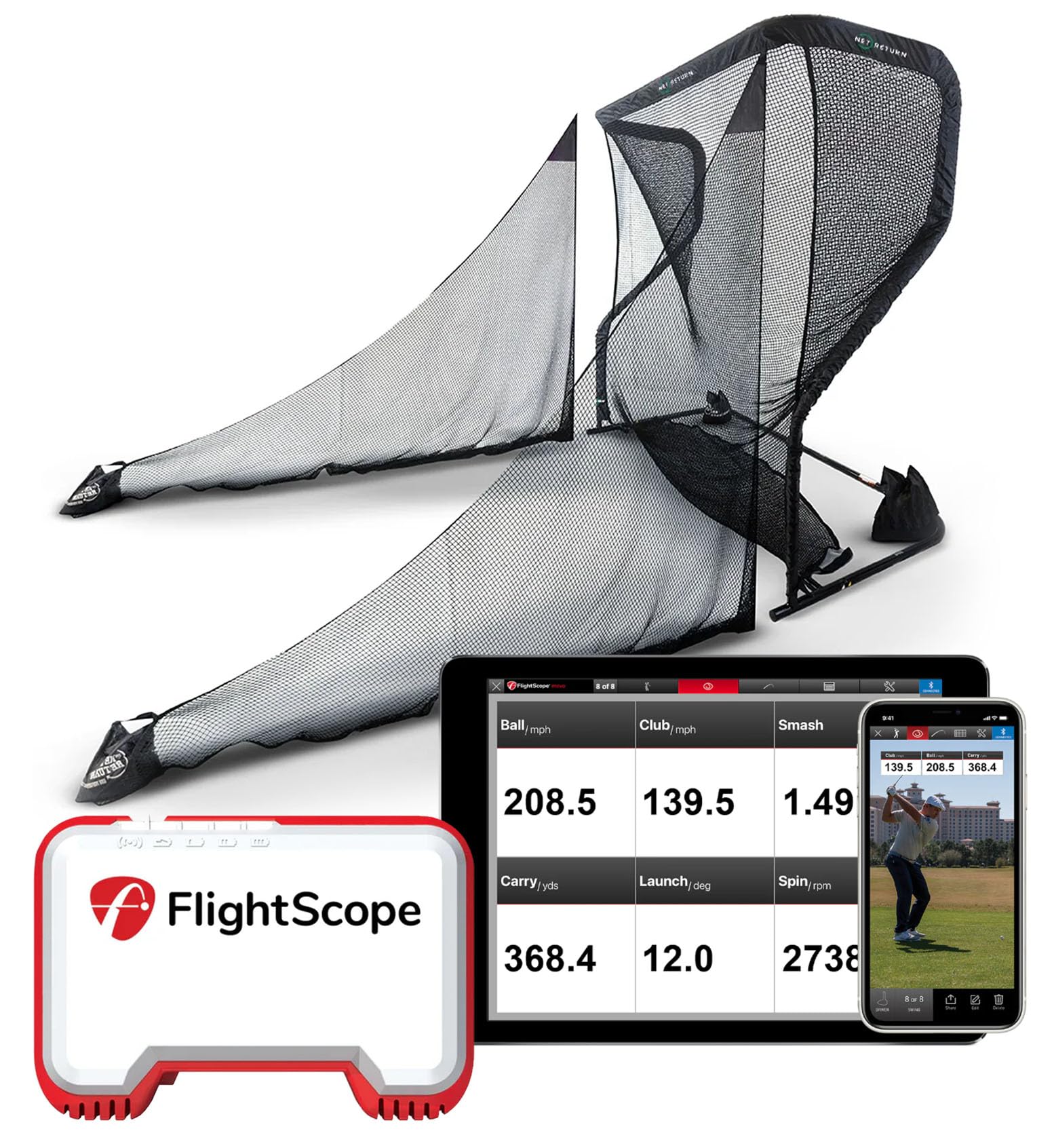 FlightScope Mevo Launch Monitor and The Net Return Home Series V2 Golf Net with Side Barriers | 8 Swing Data Parameters, Skills Games, Video Capture, Swing Training | Indoor and Outdoor