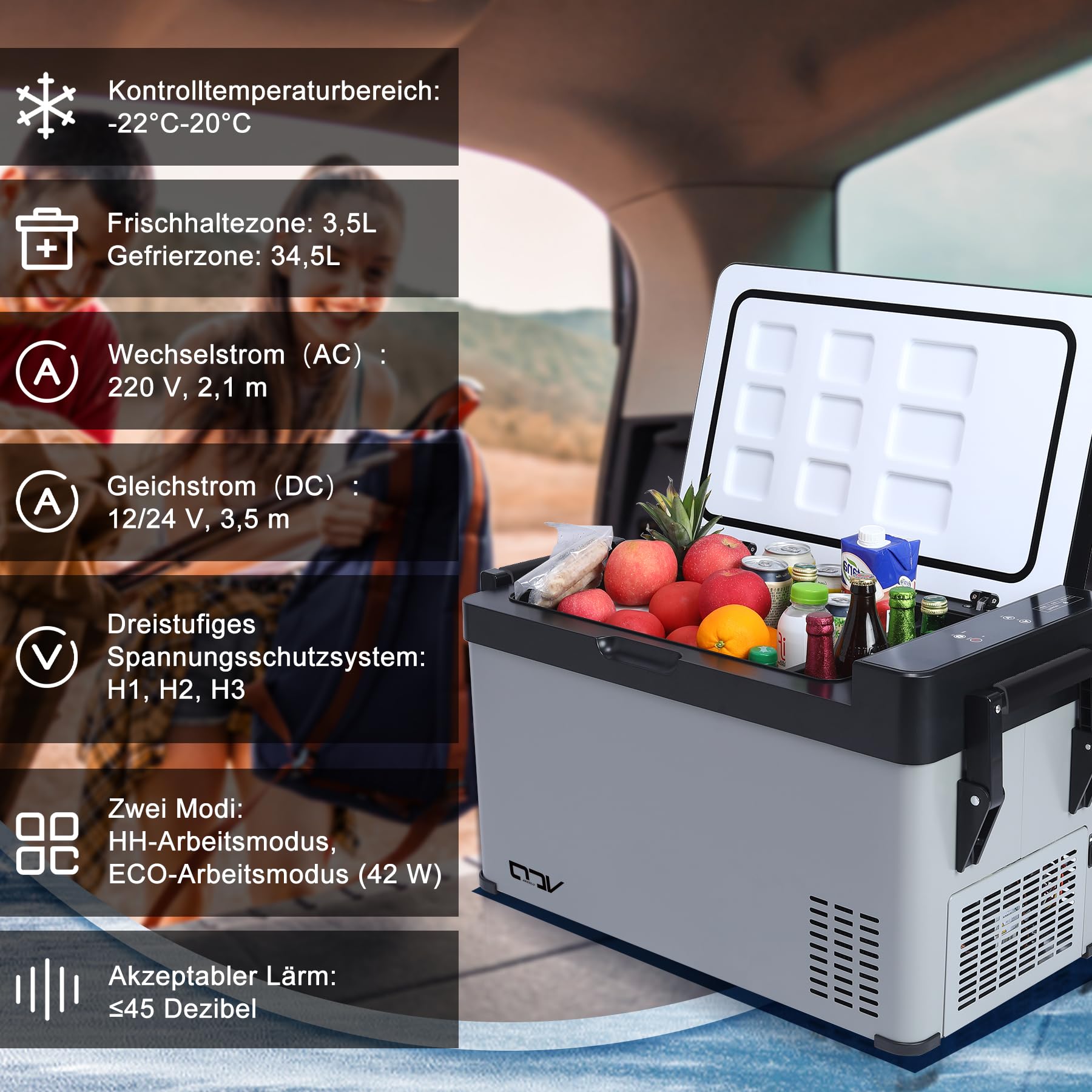 Kompressor kühlbox 38L auto elektrische kühlbox 12V 240V tragbare Camping Kühlschrank mit Griff Temperaturkontrolle -22℃-20℃ Mini Kühlschrank für Auto Lkw Boot Reisemobil Musikfestivals Picknicks Grau
