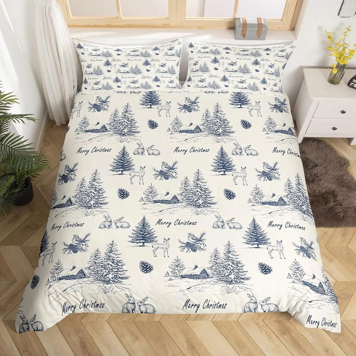 Parure de lit 140x200 Noël grise avec housse de couette et taie d'oreiller illustration sapin