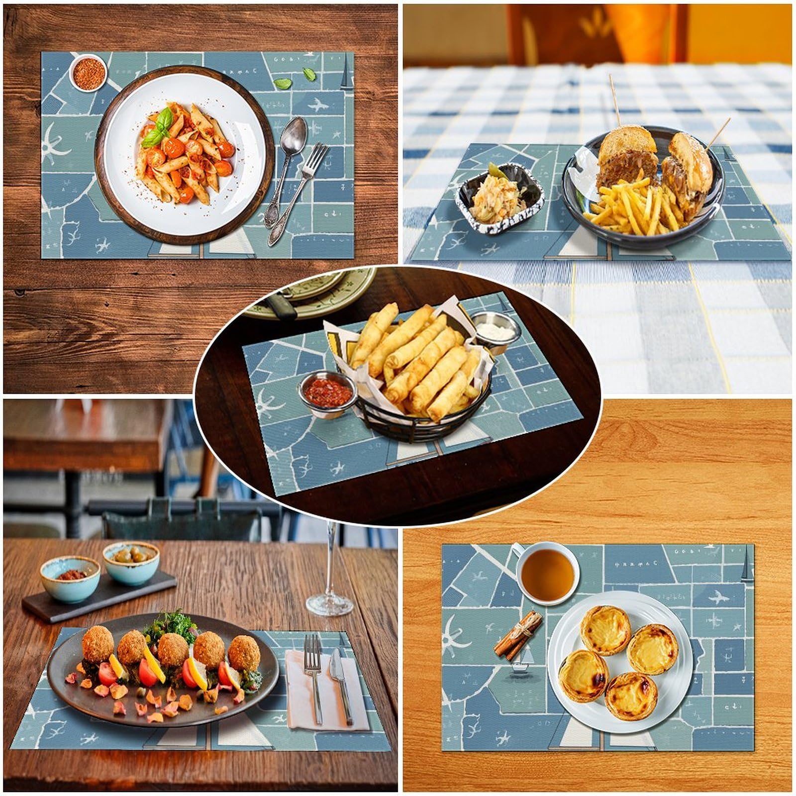 Tovagliette all'americana con stampa di una barca a vela nautica, 6 pezzi, in PVC, lavabili, resistenti al calore, antiscivolo, impermeabili, per tavolo da pranzo per interni ed esterni, cucina, feste