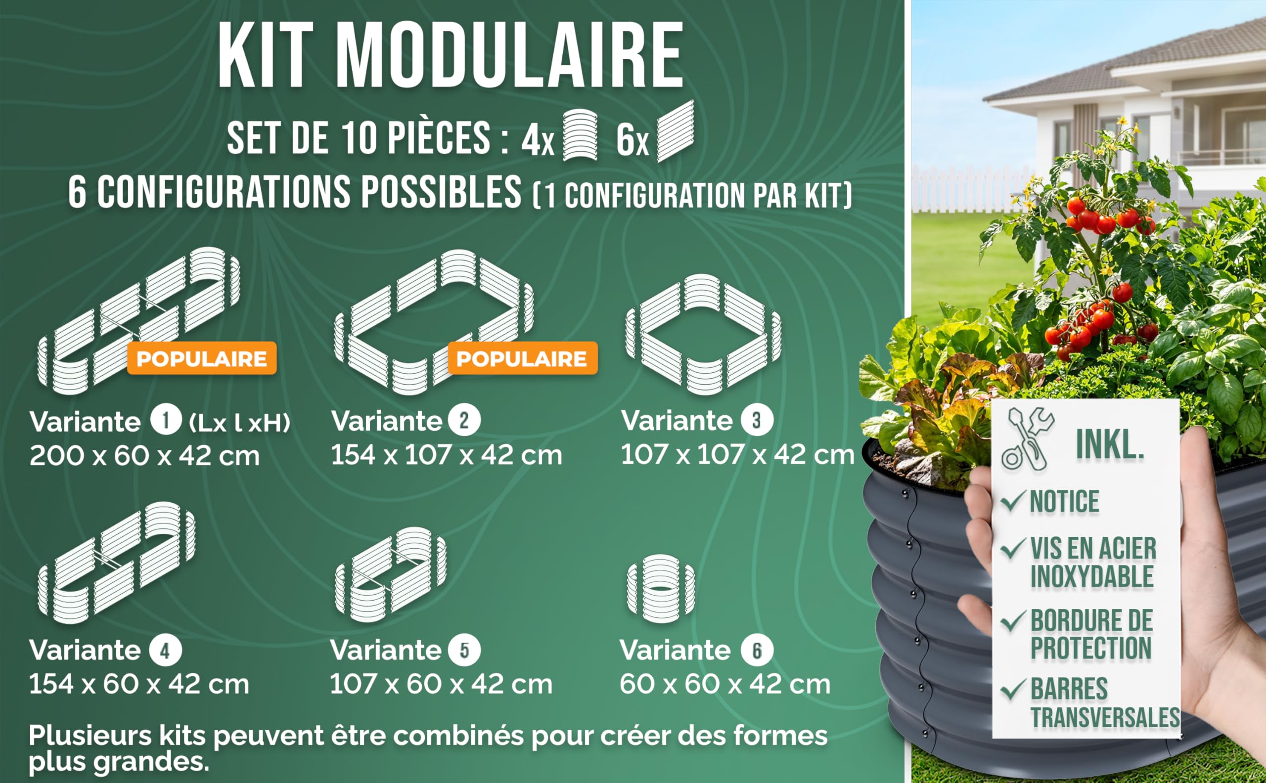 HOFGARTEN 200x60x42cm Potager Surélevé de Jardin [Kit Modulaire 6-en-1] Bac Potager Extérieur à Fond Ouvert en Acier Galvanisé Premium Zn-Al-MG, Durable & Antirouille - Modèle QuickGrow (Anthracite)