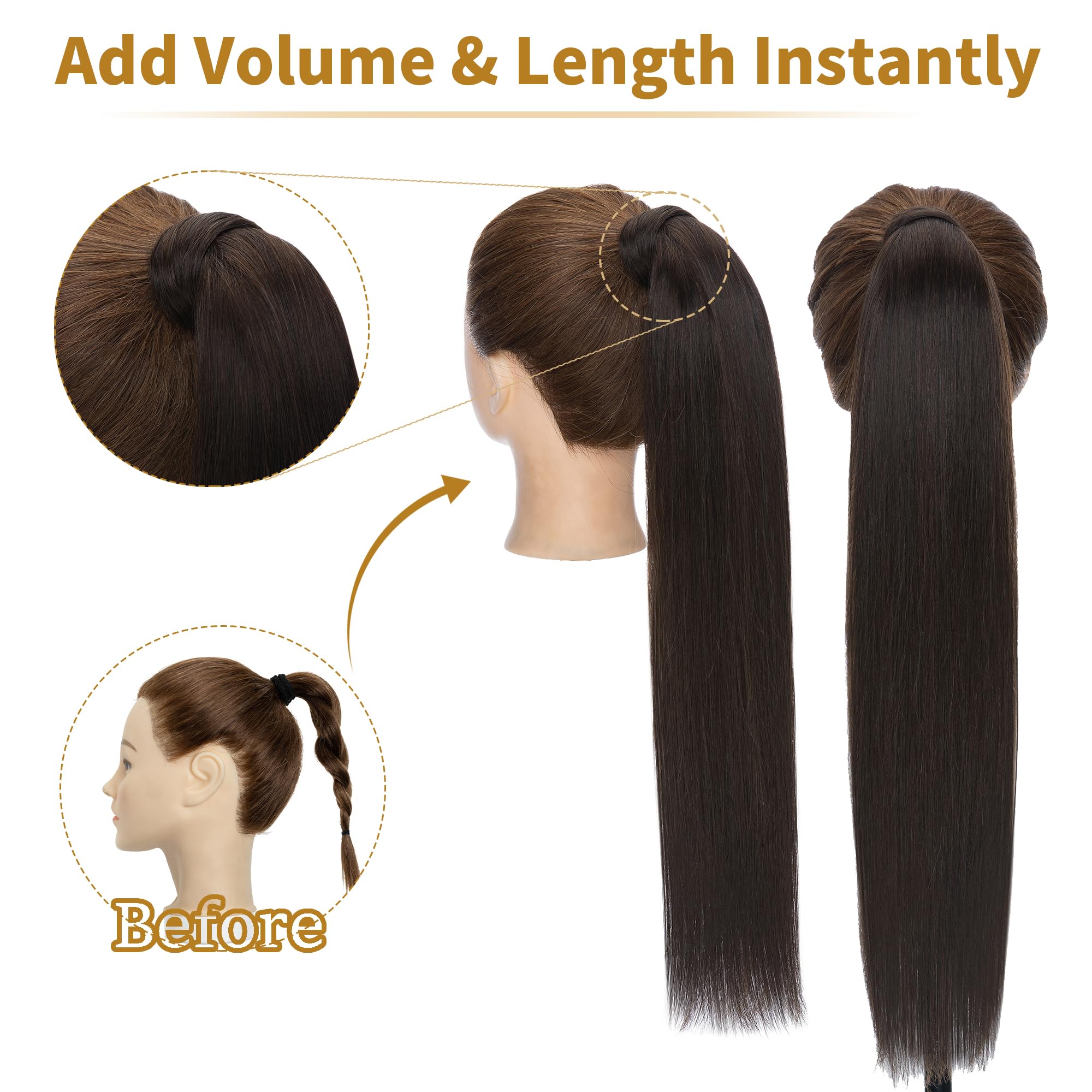 SEGO Coda Capelli Veri Clip Extension Coda di Cavallo Ponytail Fascia Unica 100% Remy Human Hair Naturali Umani Lisci 40cm-80g # Castano Scuro