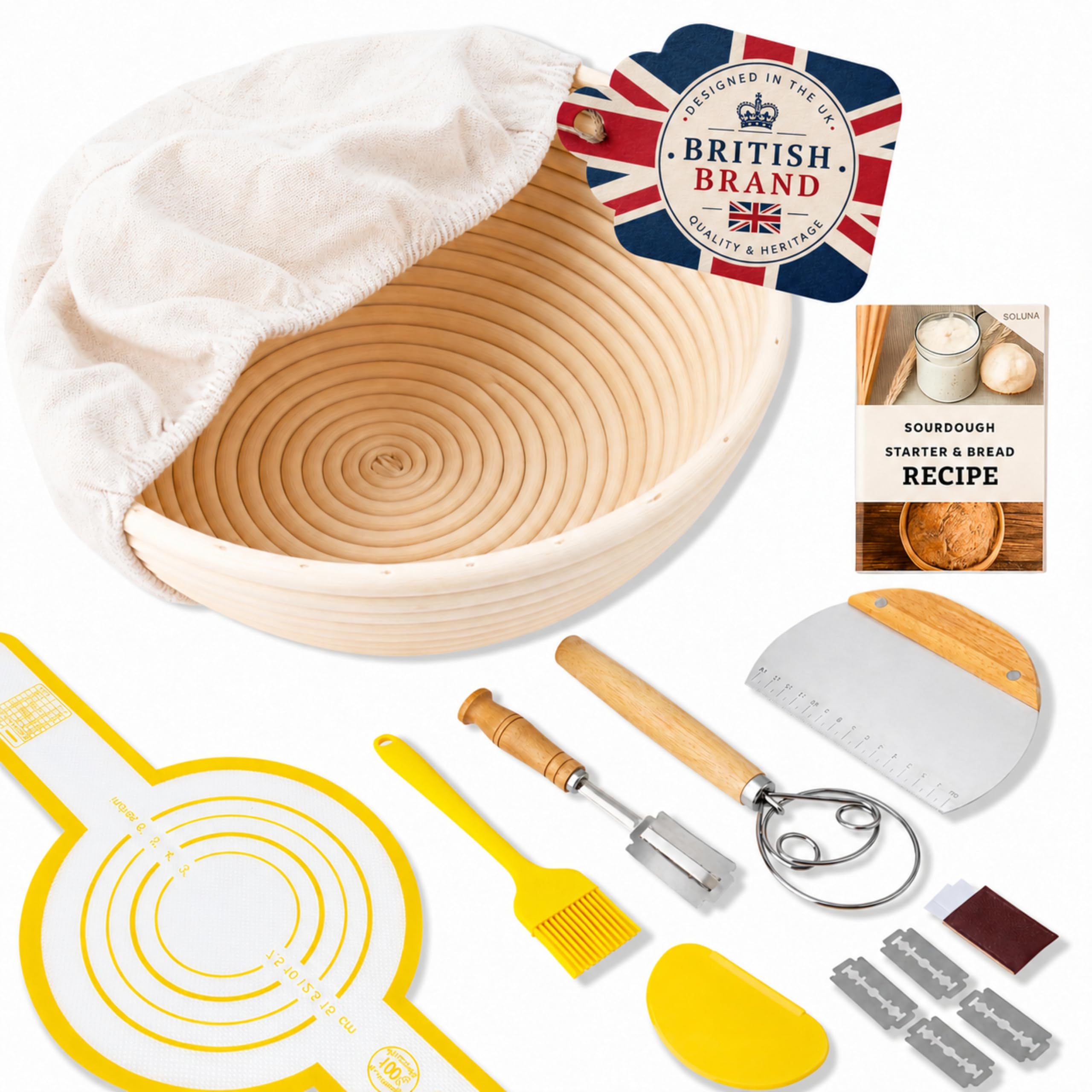 SoLuna. Sourdough Starter Kit for Bread Making with Banneton Proofing Basket 9" Round - Sourdough Starter Supplies Kits - Bread Baking Accessories (Yellow, 9pcs)