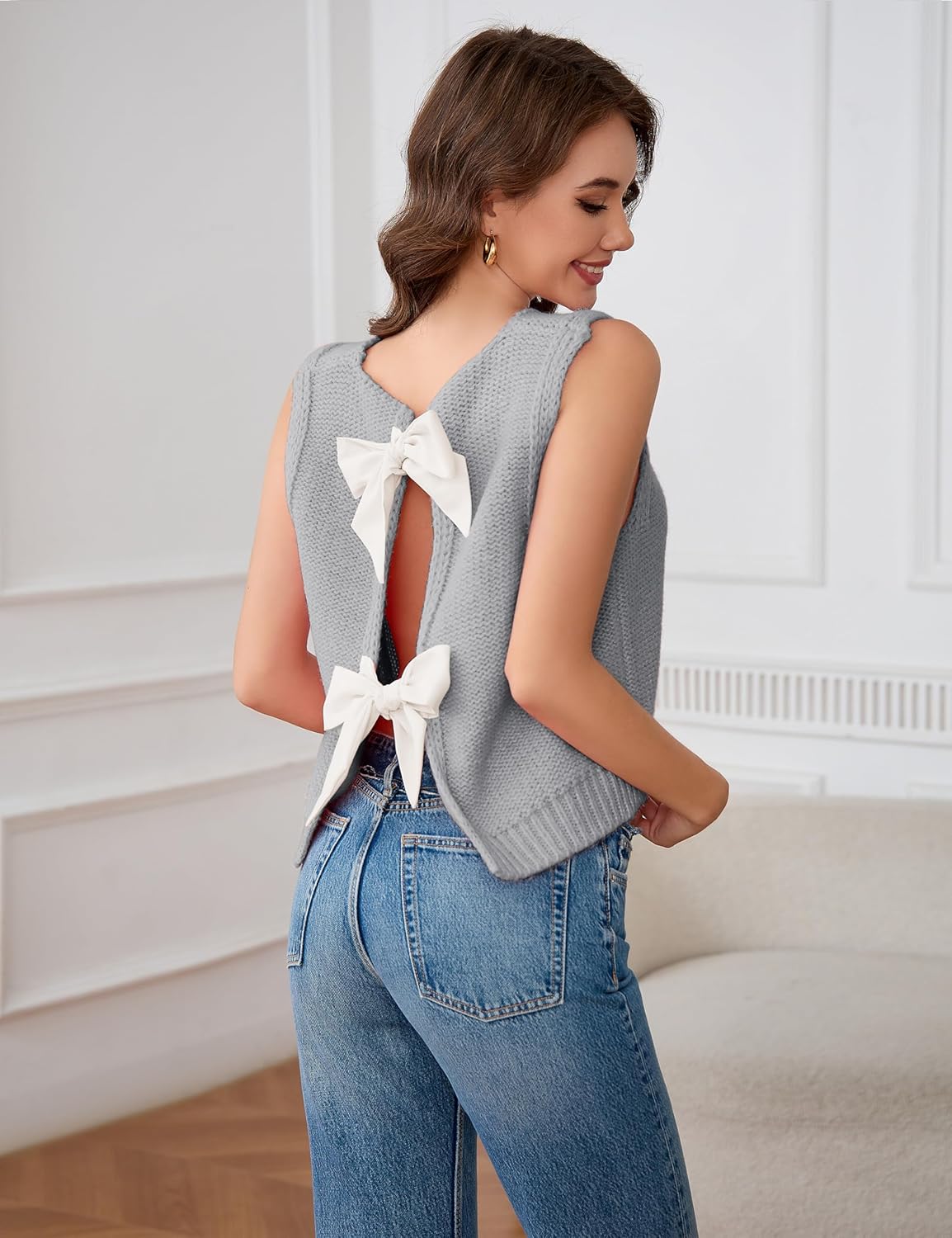 Lianlive Womens Summer Sweater Vest Top Casual Sleeveless Bow Tie Back Knit Tank Tops 2026 Cute Vacation Outfits - Image 5