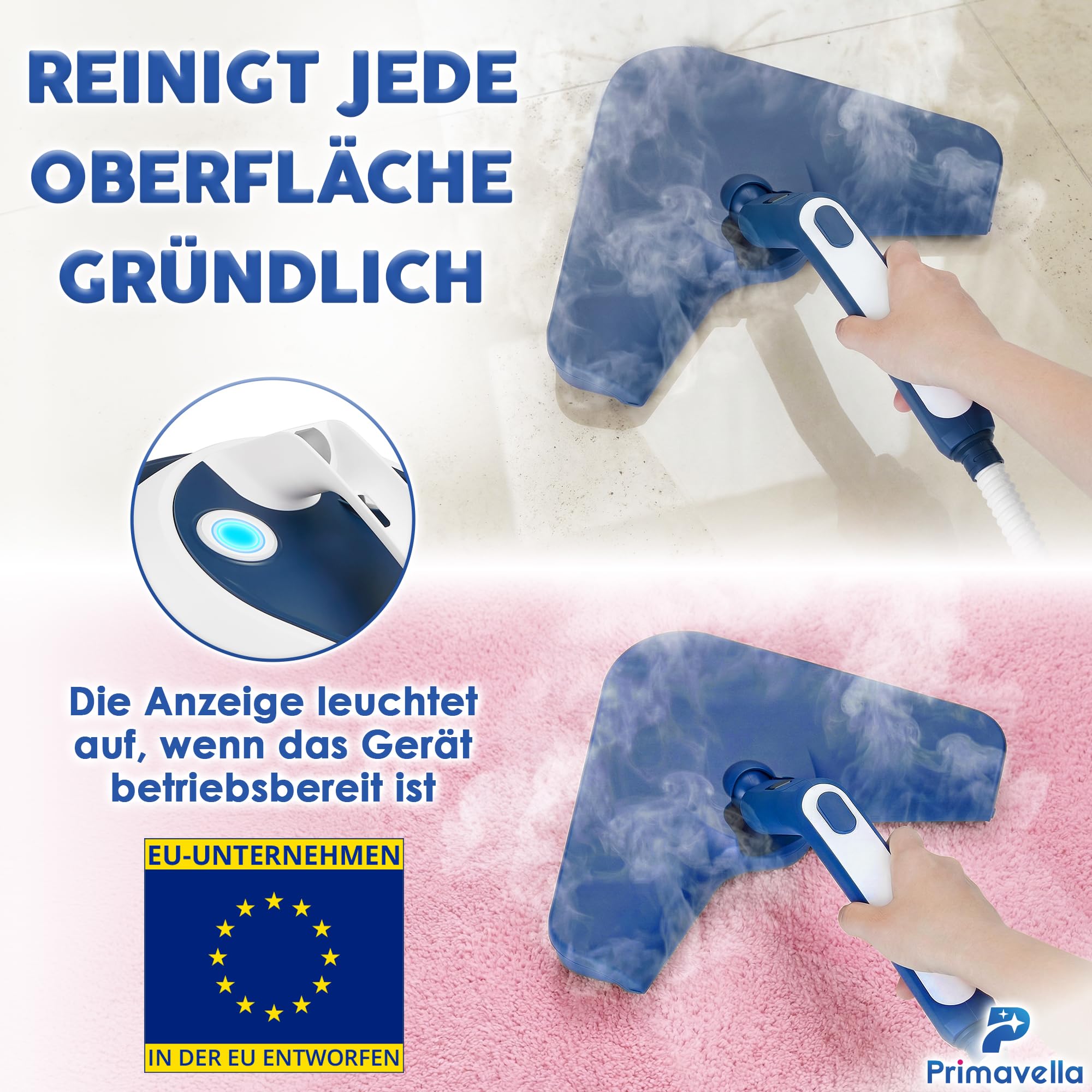 Primavella - Dampfreiniger - 1800 Watt, 3,5 Bar Druck, 1,5 Liter Tank - 16 Zubehörteile zur Reinigung von Badezimmer, Fliesen, Böden, Fugen, Polstermöbeln, Sofa, Auto