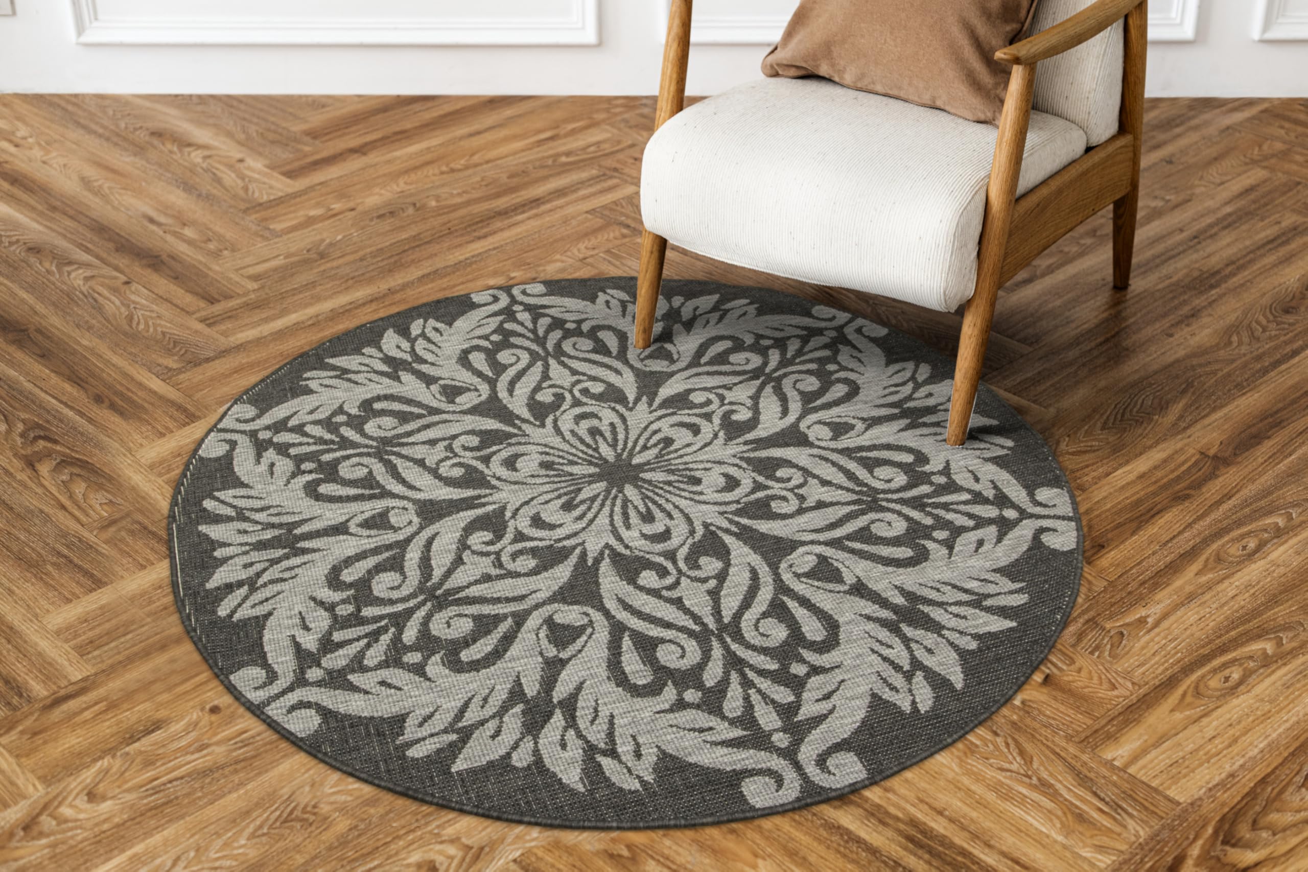 Sizalowy dywan, dwustronny, sznurkowy, na zewnątrz, do wewnątrz, na taras, na balkon, do salonu, nowoczesny, naturalne kolory, okrągły, ornament. (śr. 160 cm)