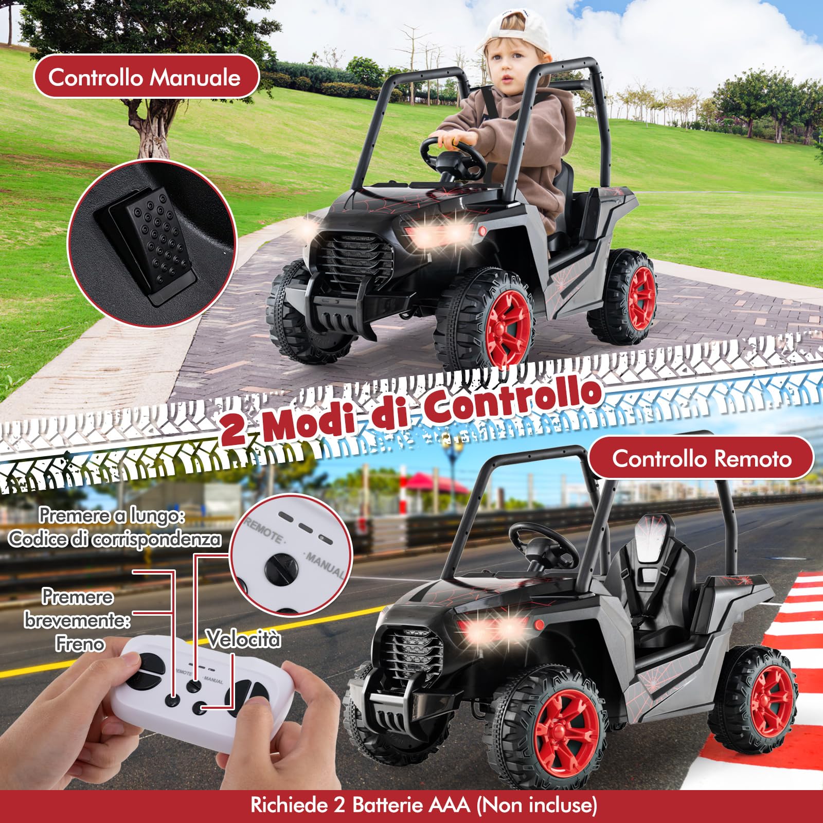 COSTWAY 24V Macchina Elettrica per Bambini, UTV Elettrico con Telecomando Cintura di Sicurezza a 3 Punti, 3 Velocità 2,5-4,5 km/h, Partenza Lenta, Veicolo per Bambini di 3-8 Anni (Nero+rosso)