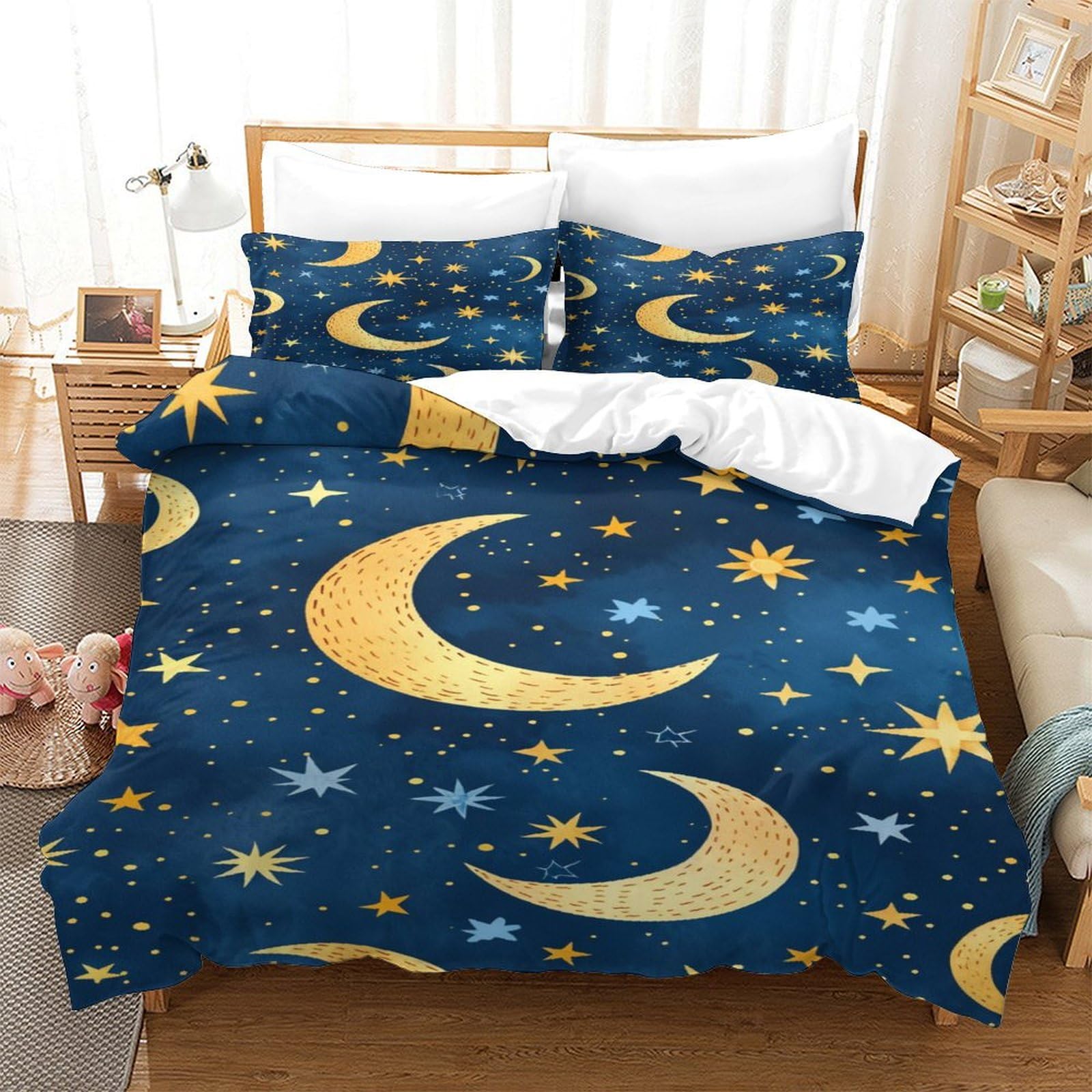 Housse de couette lune et étoiles 3D en microfibre 140x200 cm