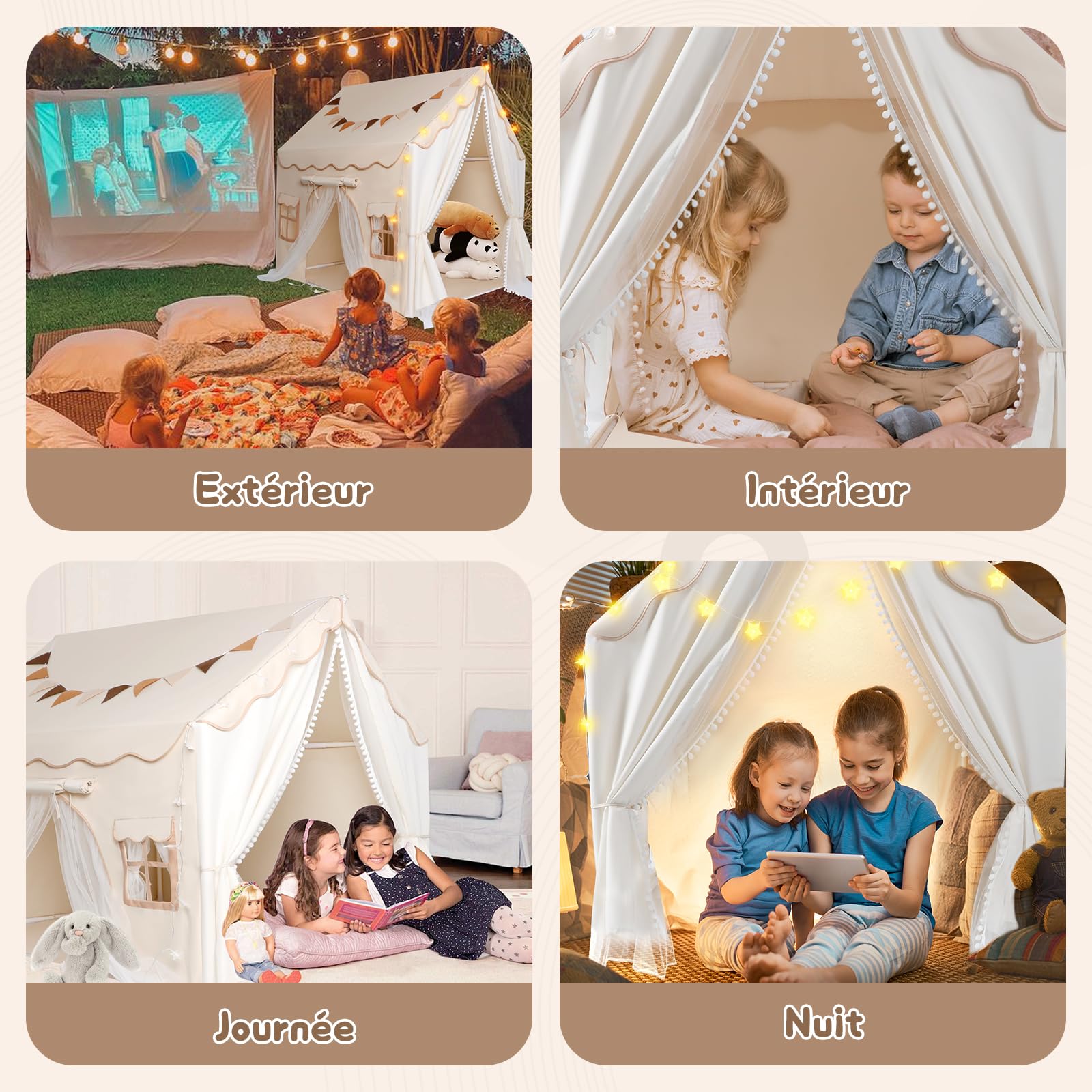 JONRRYIN Tente Enfant Interieur, Cabane Enfant avec 2 Entrées, Lumières et Drapeaux, Tapis de Sol, Tente de Lit Enfant, Tente de Jeux Enfant Cadeau pour Filles Garçons 120x100x127 CM