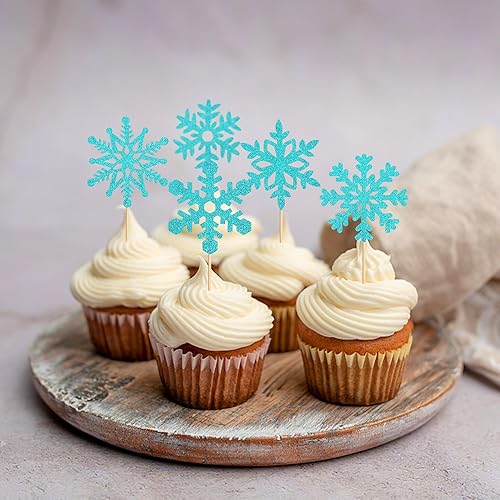 Miniatura 6 de Ercadio 25 piezas de adornos de copo de nieve para cupcakes con purpurina y copos de nieve congelados, decoración de tartas de copo de nieve