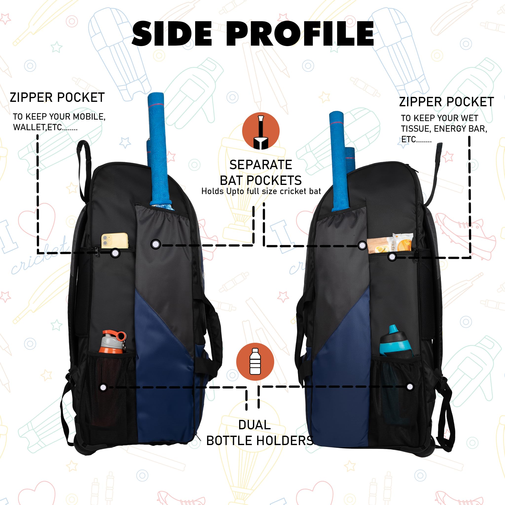 WHACKK Gayle Adult Cricket Kit Bag Black Navy | Full Size Bag with Bat Sleeve, Shoe & Helmet Pocket | Spacious Cricket Bag for Men & Club Players 2