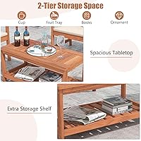 Vista 5 de Tangkula Mesa de centro de madera para exteriores, mesa de centro de patio de 2 niveles con mesa de madera dura de listones y estante