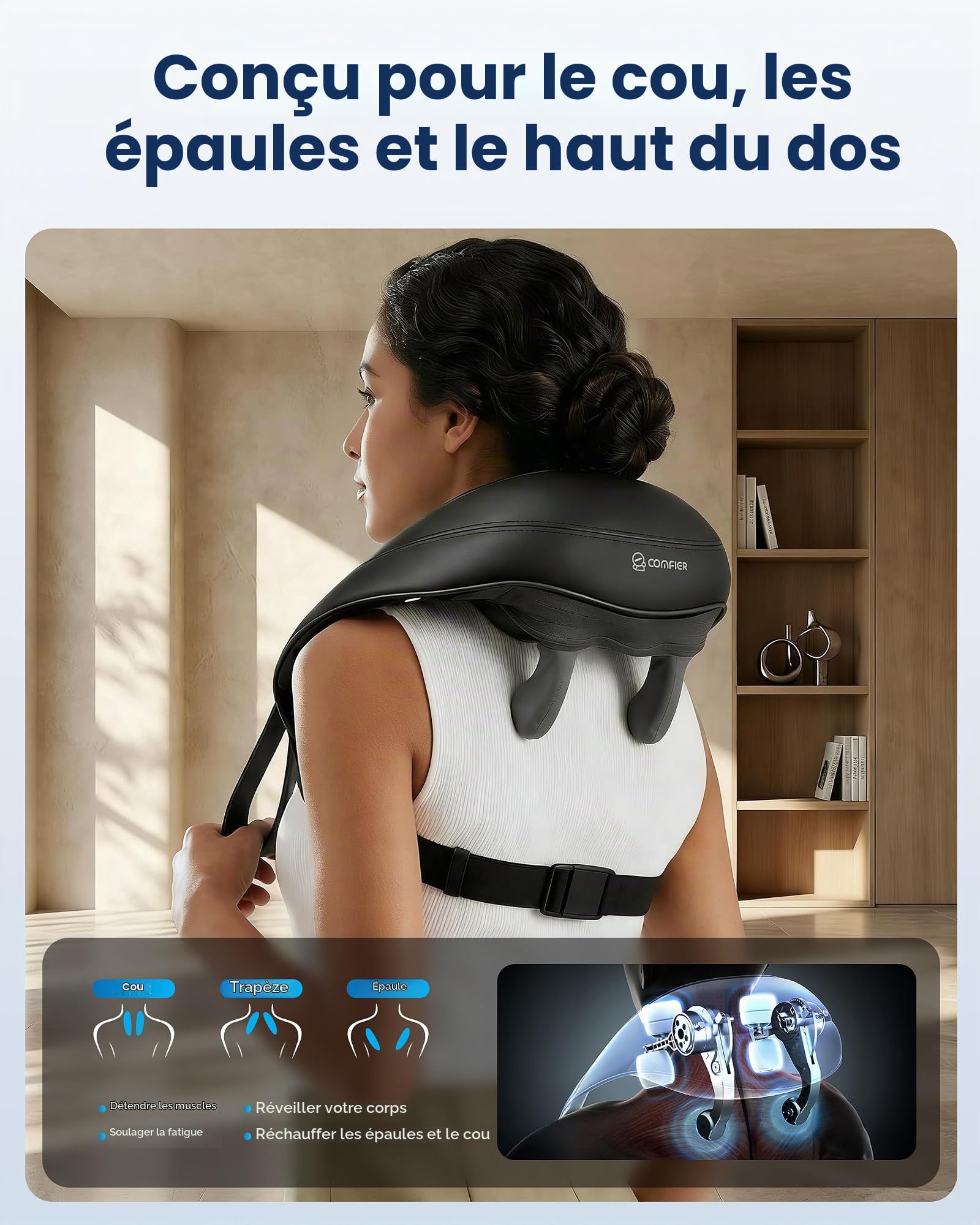 COMFIER Masseur dorsal sans fil pour douleur, masseur Shiatsu cou avec chaleur, massage profond 4D des épaules pour une utilisation à la maison, au bureau, coussin de massage électrique rechargeable,