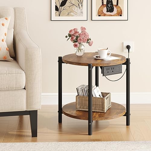 Miniatura 3 de LIKIMIO Mesas auxiliares redondas, mesas auxiliares redondas pequeñas de 16 pulgadas de ancho con estación de carga, mesitas de noche modernas de 2