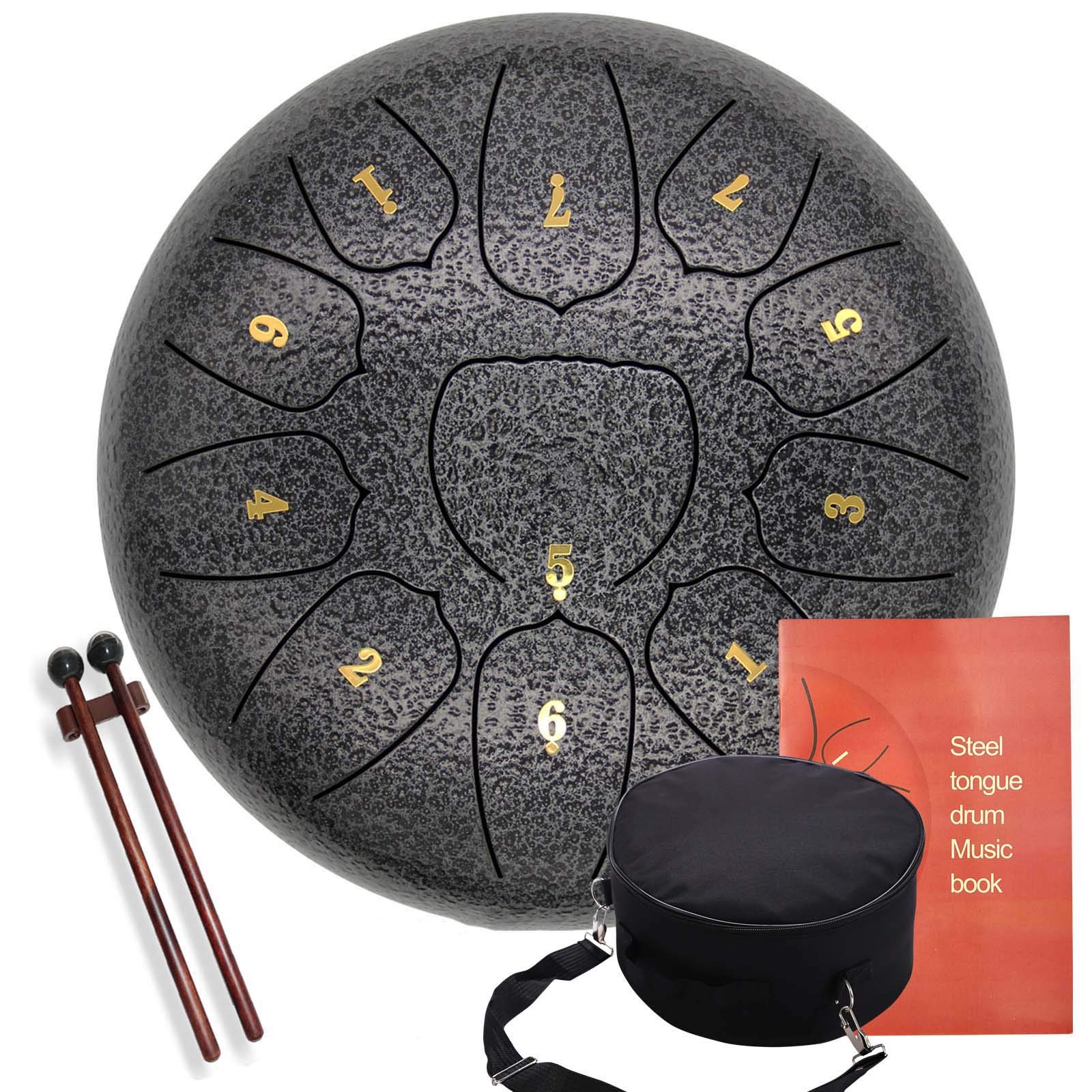 Stalowy bęben dla dzieci Dorośli, 11 notatek 10 cali Handpan Instrument perkusyjny z torbą podróżną i młotkami, książka z nutami, świetny prezent dla początkującego dziecka, srebrny
