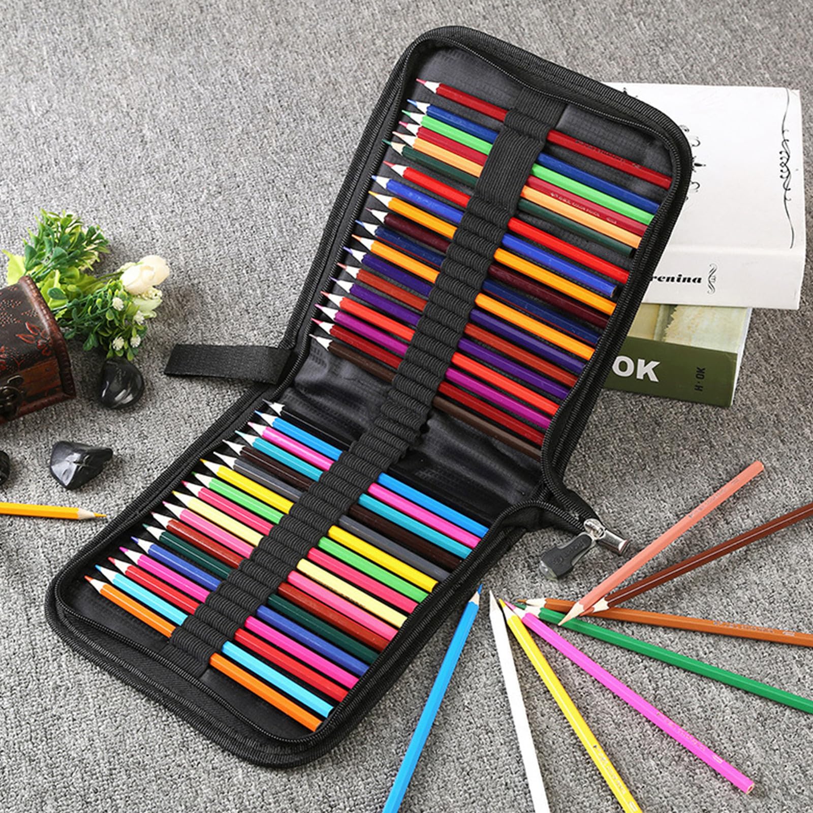 Astuccio con 72 o 120 scomparti, grande capacità, in lino, borsa portaoggetti, supporto singolo, portapenne, portapenne, organizer con cerniera (120 tasche pieghevoli (nero))
