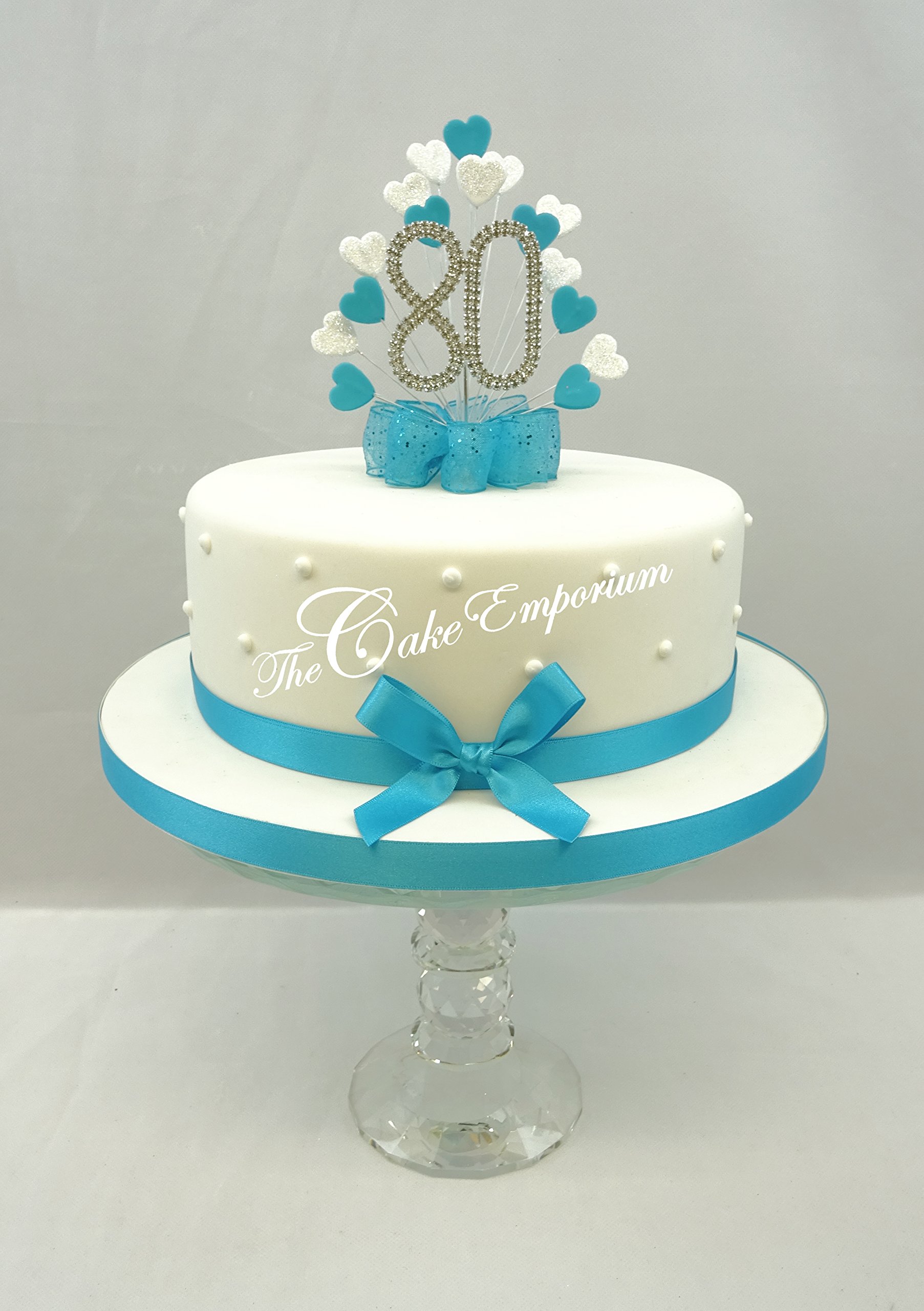The Cake Emporium Ltd White Cake Topper Burst Spray Diamante 80Th Birthday Turquoise & Glitter Hearts With Ribbon