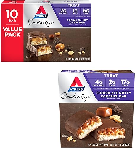 Atkins Endulge Treat, paquete variado de frutos secos de caramelo, incluye barra masticable de nueces de caramelo (10 unidades) y barra de caramelo
