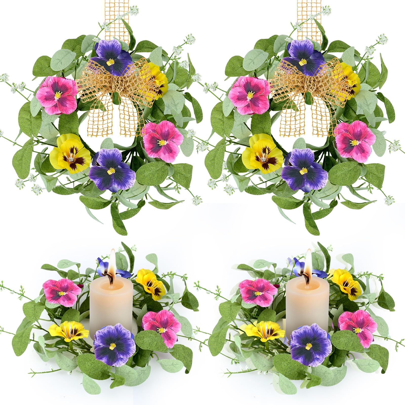 4 PCS Mini Spring Summer Kitchen Cabinet Wreaths Small Pansy Flowers Wreath for Front Door with Fern Branches Ribbon Small Flocked Lamb Ear Leaves Wreath for Indoor Outdoor Farmhouse Porch Wall Decor