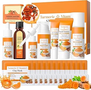Curcuma & Vitamine C Skincare Set 21 Pièces, Coffret de soins de la peau avec routine complète de soins de la peau, Coffret Soin Femme, Noël, Anniversaire Idée Cadeau Femme