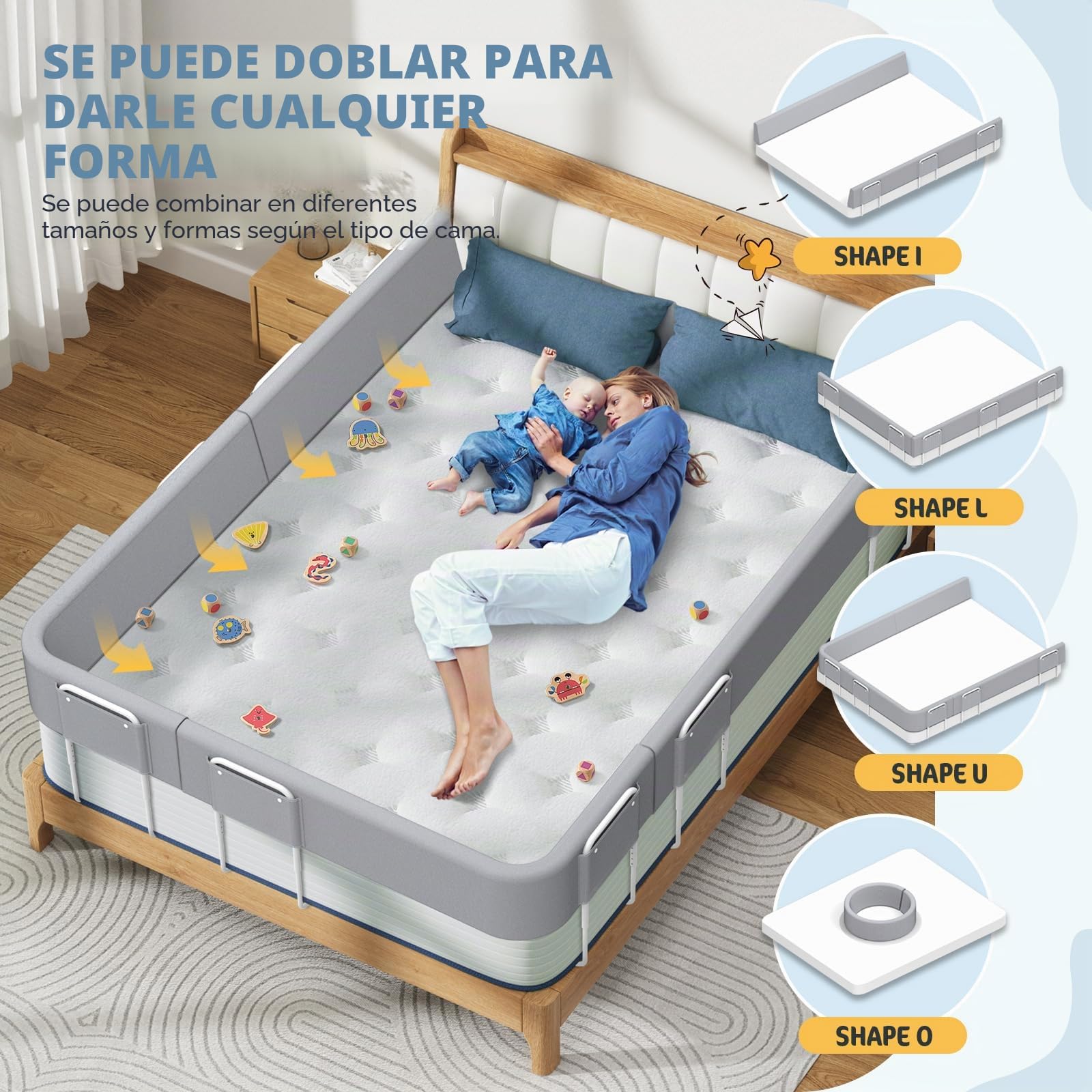 Barrera de Seguridad para niños – Barrera de Cama para niños con protección de Bordes, Seguridad para Cama Infantil, Altura Ajustable 40-60 cm, Desmontable, portátil, Gris, 180cm