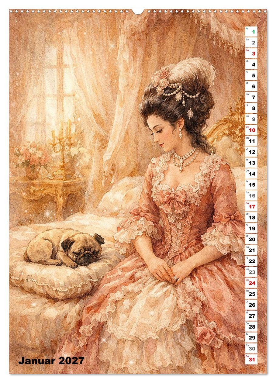 Glanz des Rokoko (hochwertiger Wandkalender 2027 DIN A2 hoch), Kunstdruck in Hochglanz: Edle Damen und ihre kleinen Begleiter (CALVENDO Tiere)