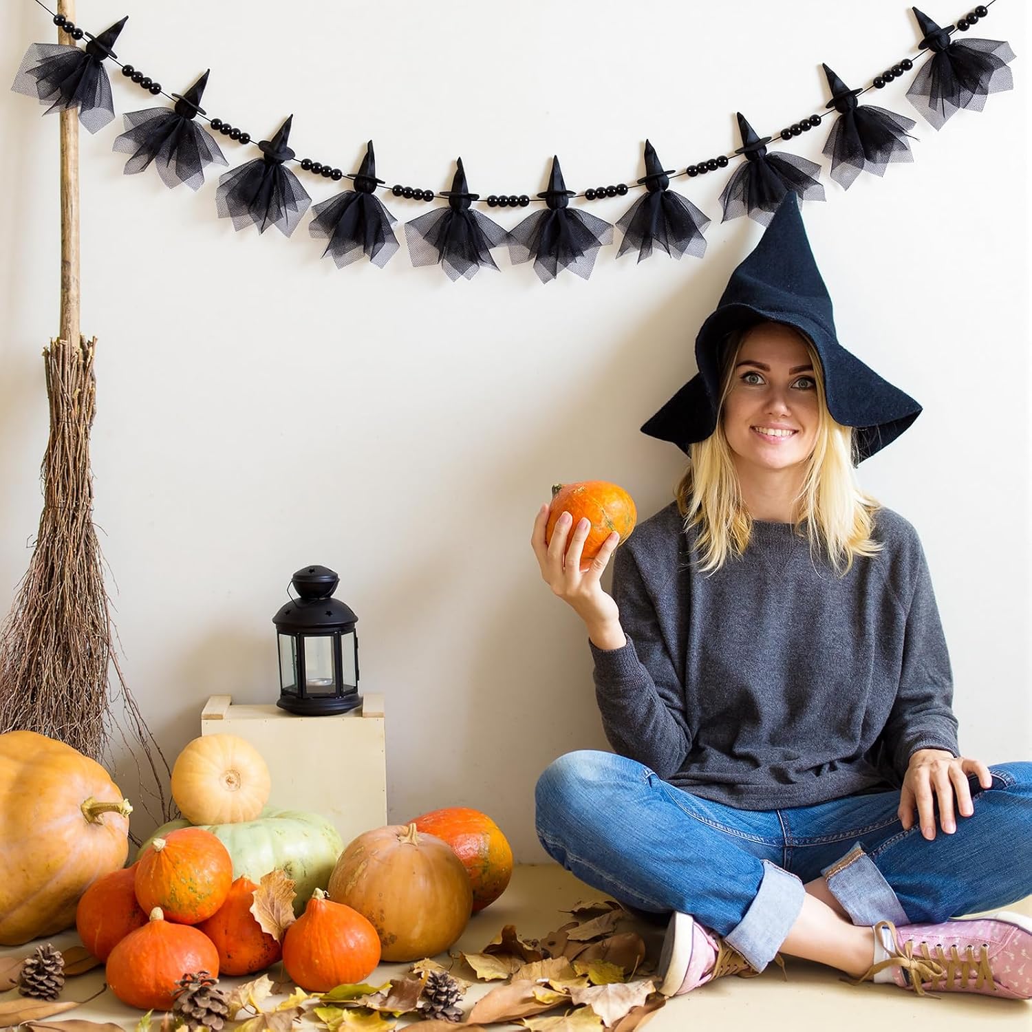 Gilprop 6.56 ft Halloween Witches Garland with Wooden Bead for Mantel Decor
