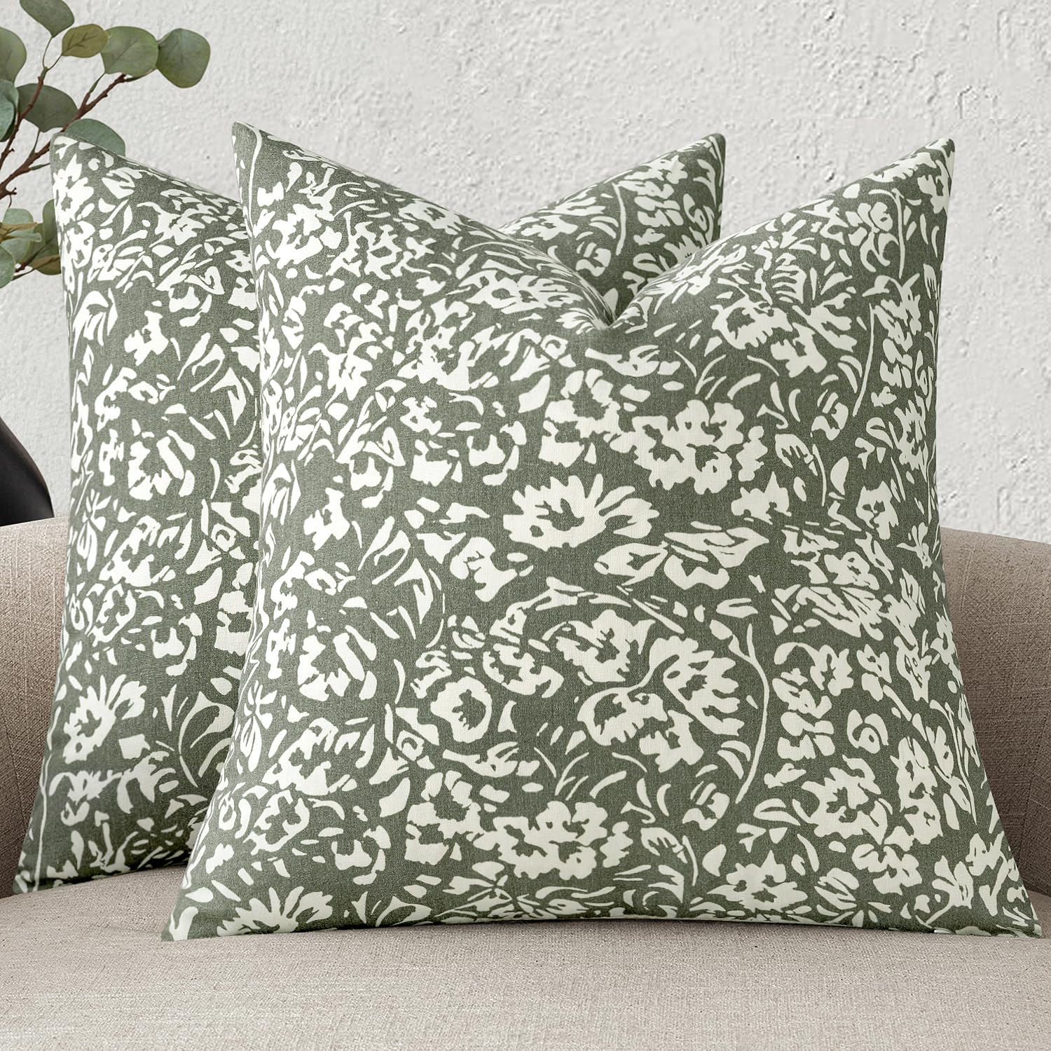 MIULEE Floral Pillow Covers 18x18 Set of 2, Neutral Linen Decorative Throw Pillow Covers for Sofa Couch Outdoor Summer Living Room, Farmhouse Cushion