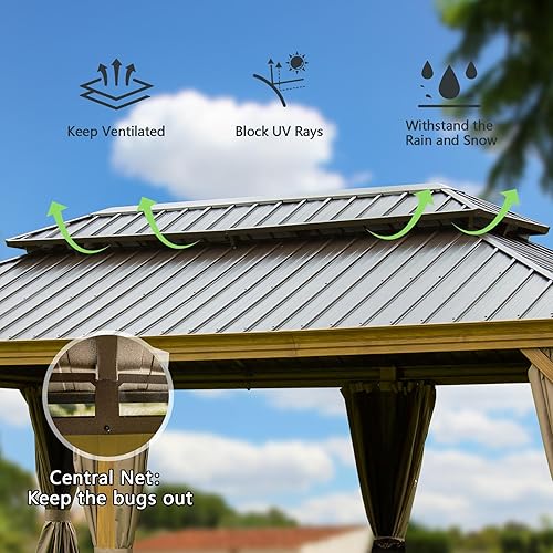 Miniatura 3 de Domi Outdoor Living Cenador de techo rígido de 14 x 20 pies, toldo con marco de aluminio recubierto de madera con doble techo de acero galvanizado,