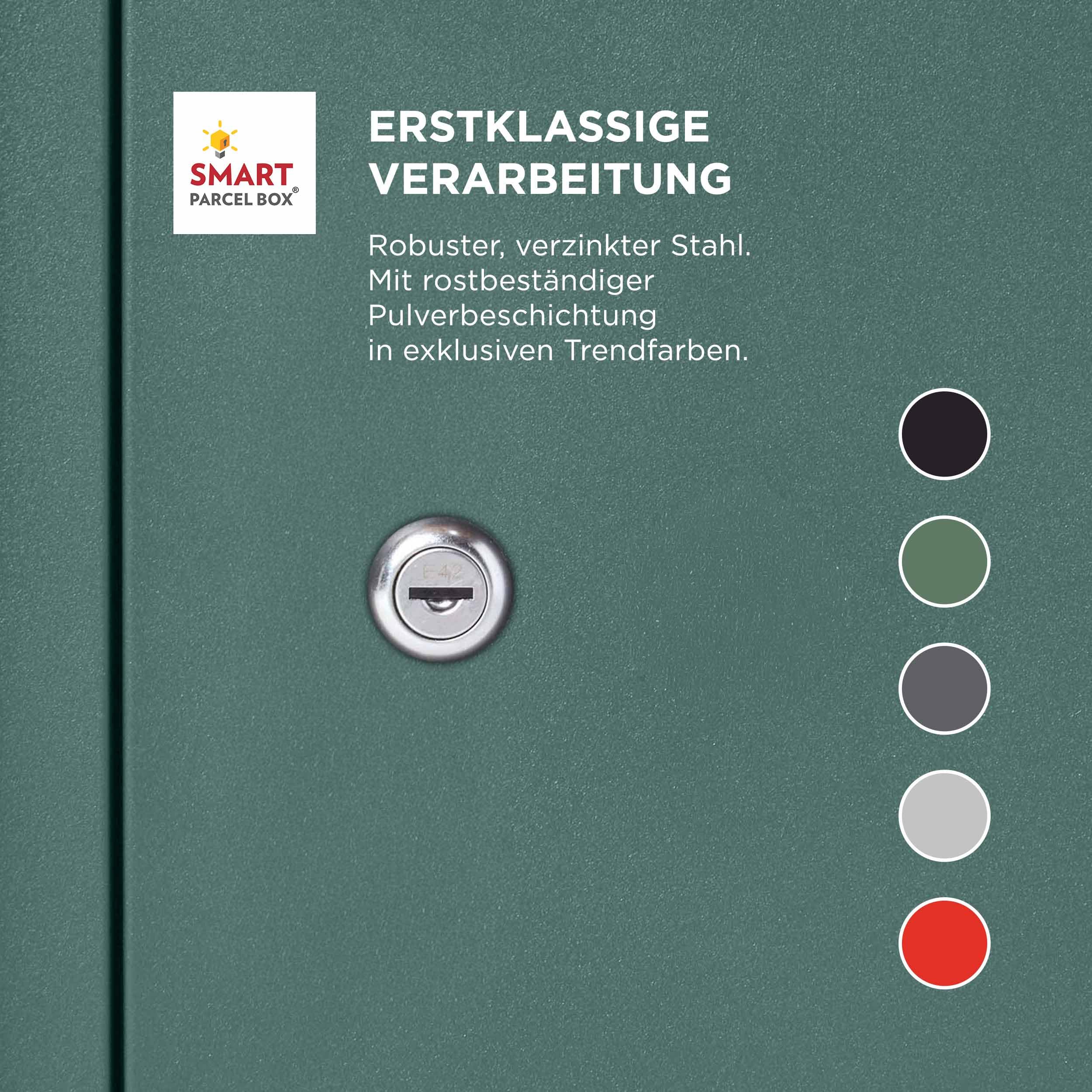 Smart Parcel Box Paketbox L - Briefkasten mit Paketfach wetterfest, grün | Paketbriefkasten, Paketbox draußen, Entnahme hinten & vorne, Standbriefkasten, rostfrei, verzinkter Stahl, pulverbeschichtet
