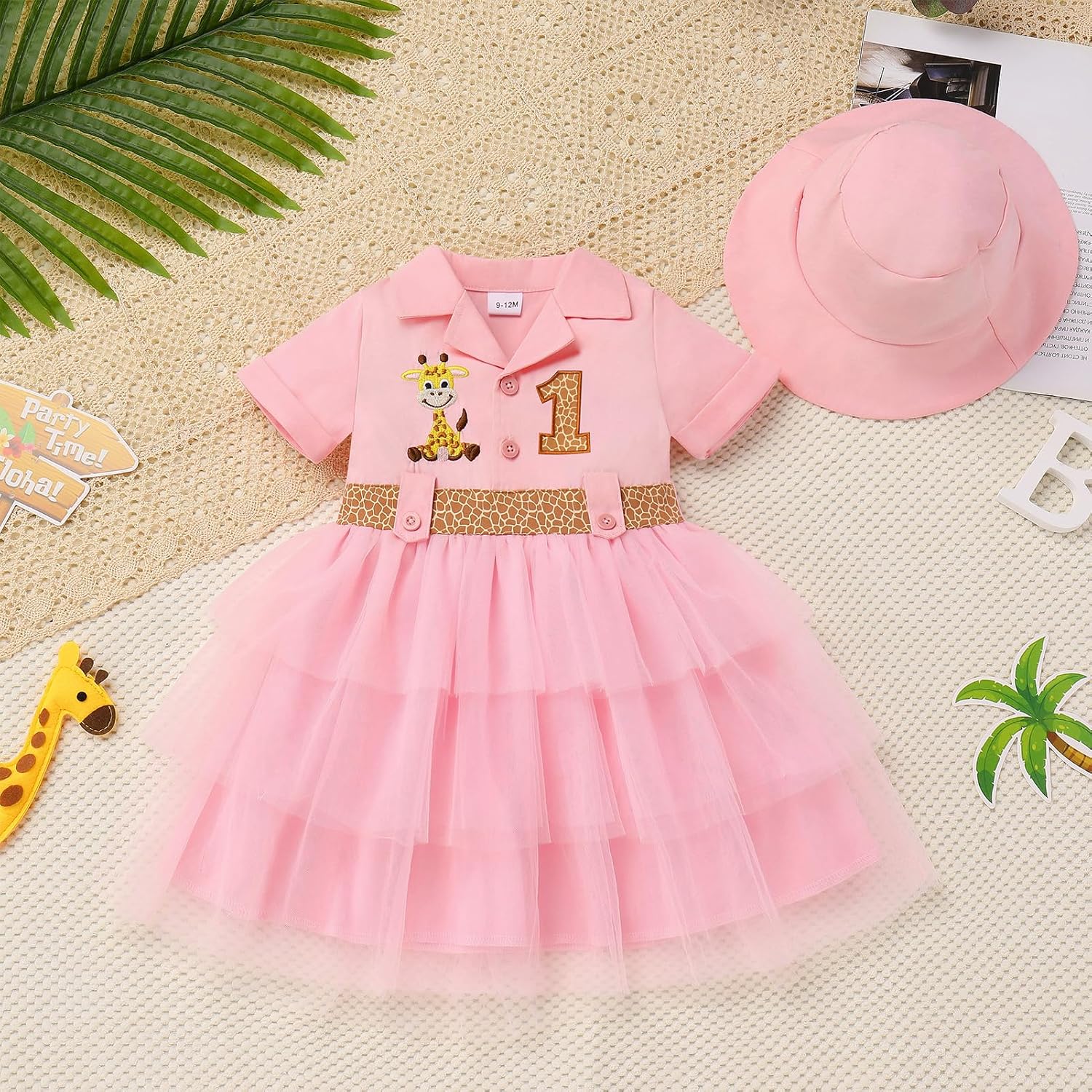 Baby Girl Safari Outfits with Hat Giraffe Jungle Animal Short Sleeve Toddler 1st Birthday Cake Smash Dress