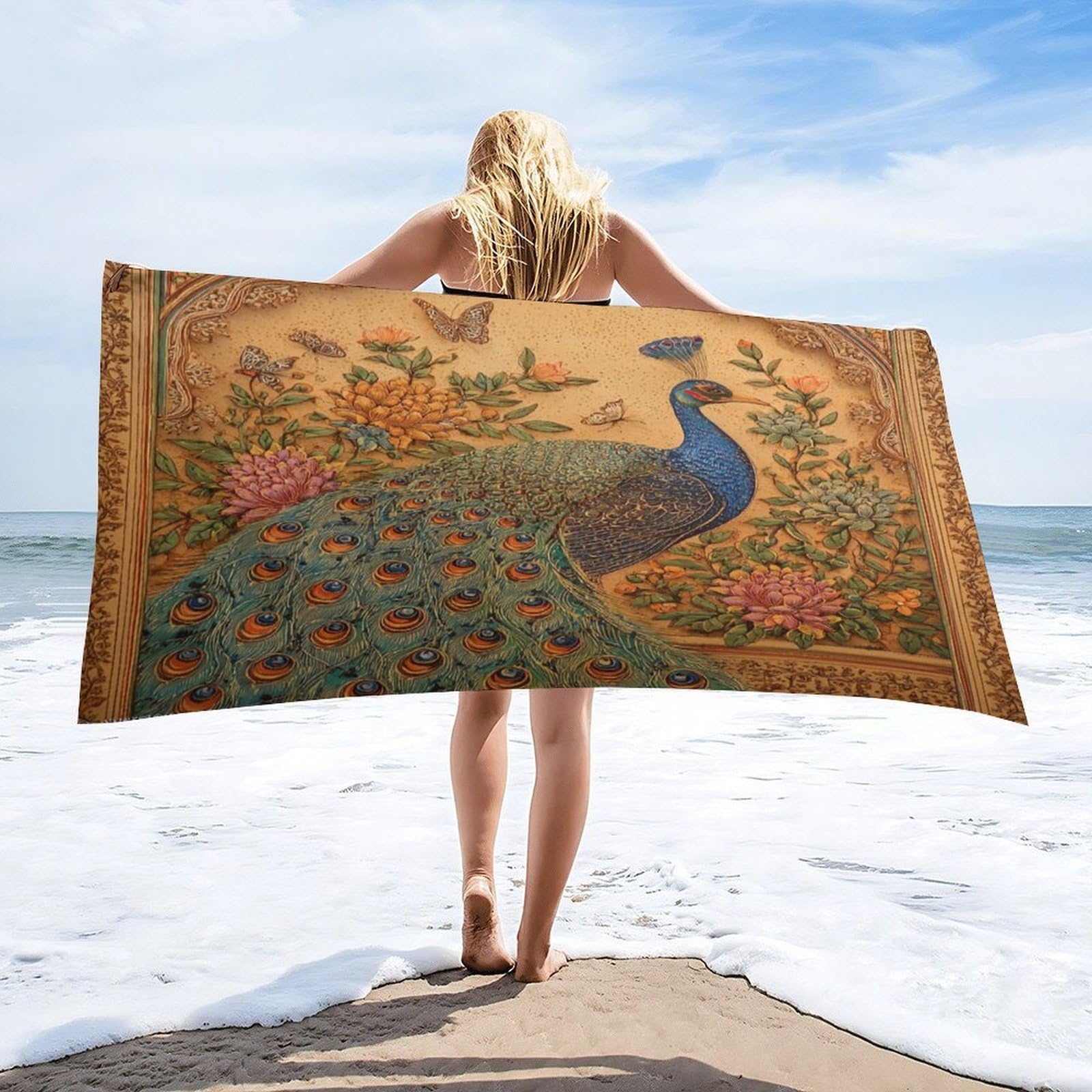 Luyysky Retro Abstract Elegant Peacock Quick-Drying Beach Towel, Vintage Bohimian Animal Butterflies Peacock Botanical Flowers Travel Vacation Single Sided Pile Bathroom Towels-80 W Cm X 160" L Cm
