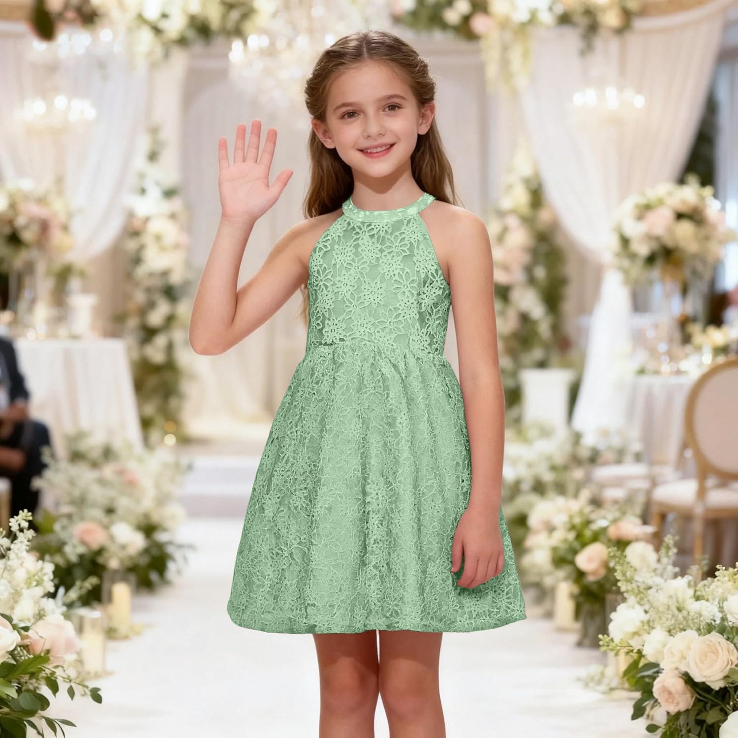 Girls Halter Neck Sleeveless A-Line Flared Swing Flower Lace Casual and Party Dress 6-13 Years - Image 7