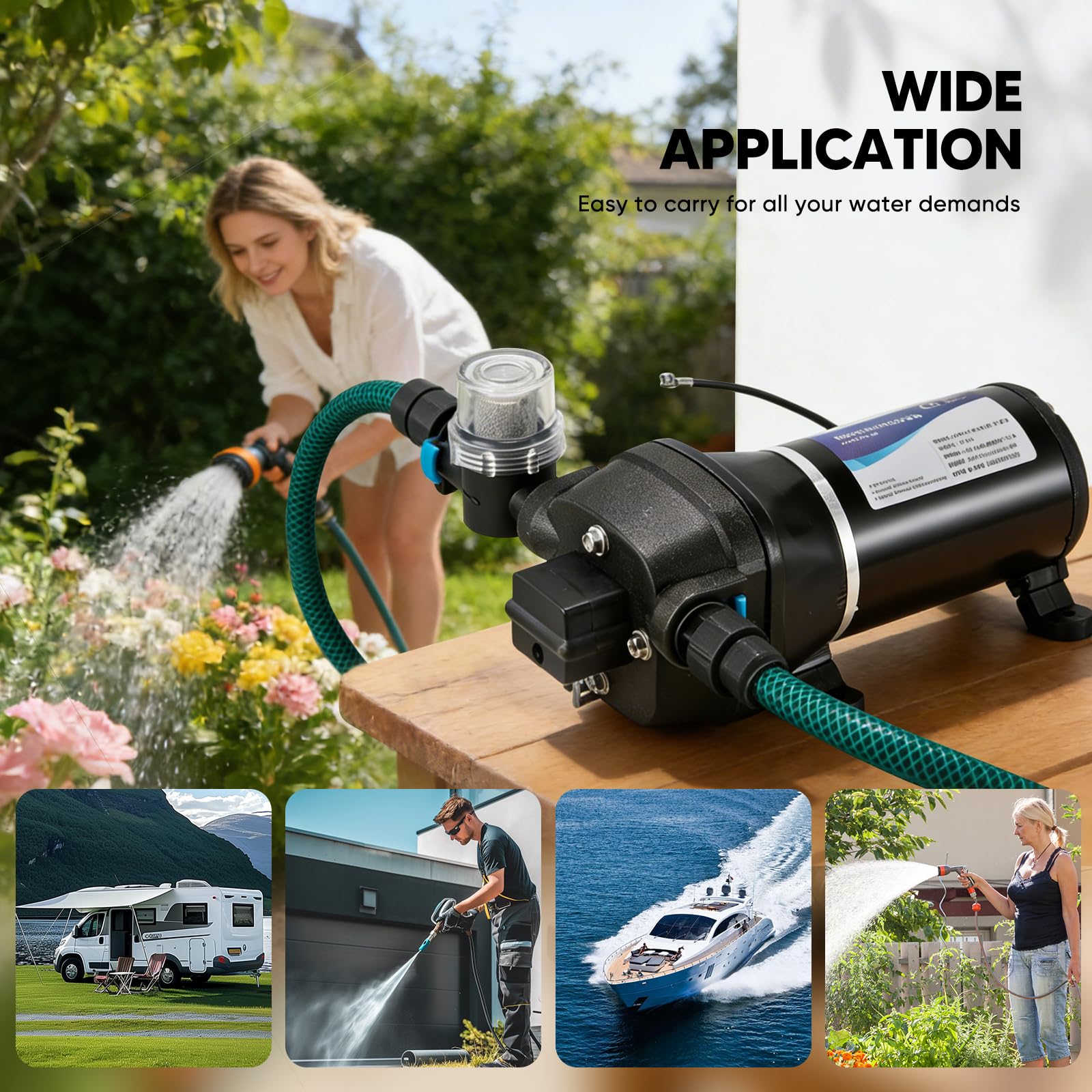 12V Wasserpumpe, 17L/min 3.1 Bar Selbstansaugende Membranpumpe mit Robustem Druckschalter und Ansaugsieb für Wohnmobil, Boot, Waschen, Bewässerung, Zirkulation