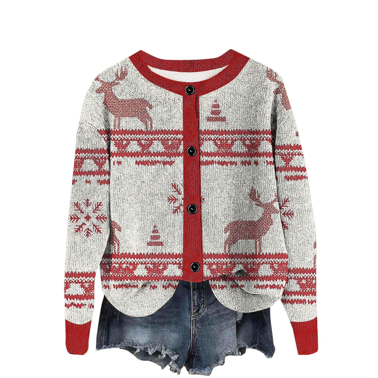 Christmas Knit Rib Cardigans for Women Cute Xmas Printed Casual Button Down Open Front Tops Loose Casual Outerwear
