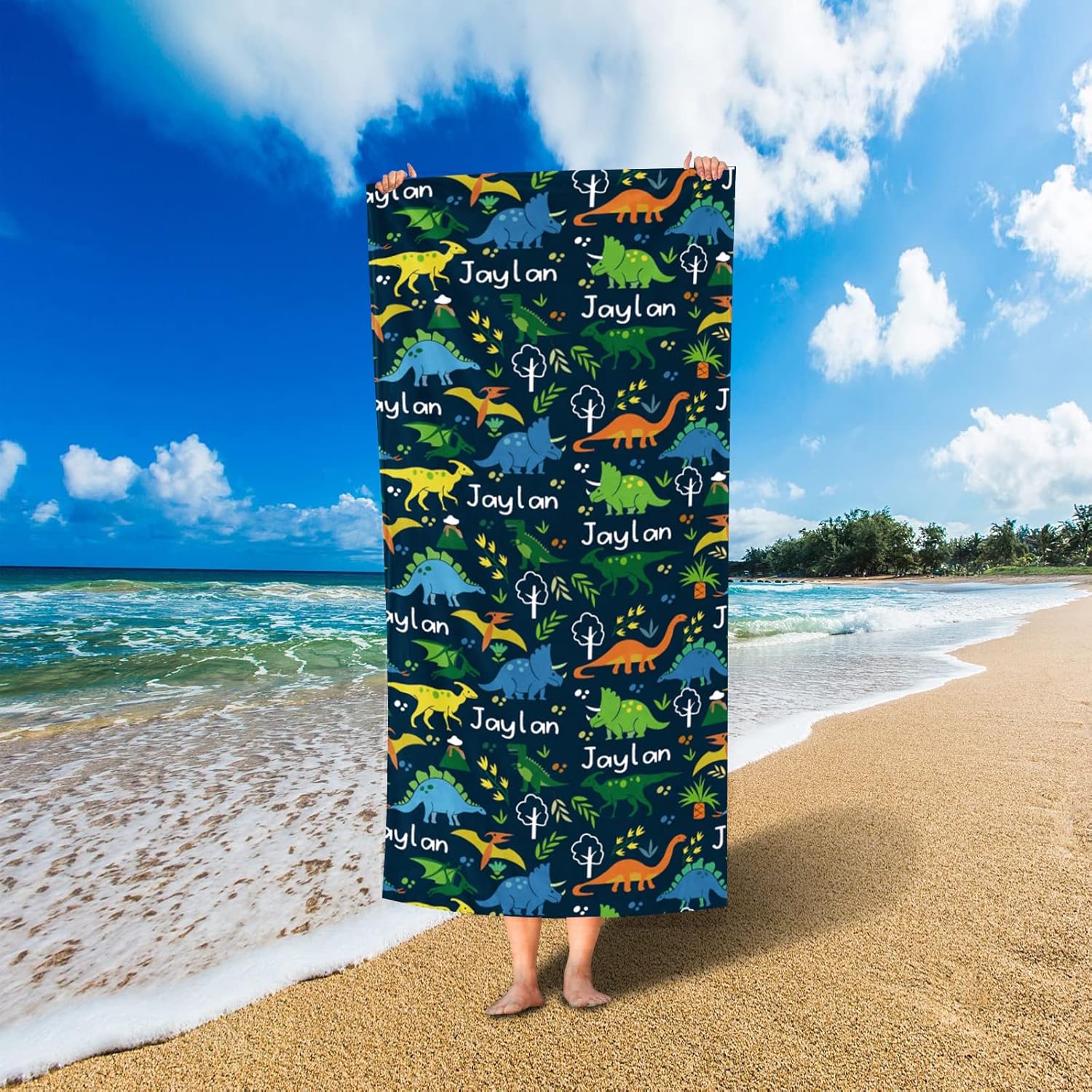 Personalized Dinosaur Beach Towel for Kids Quick Dry