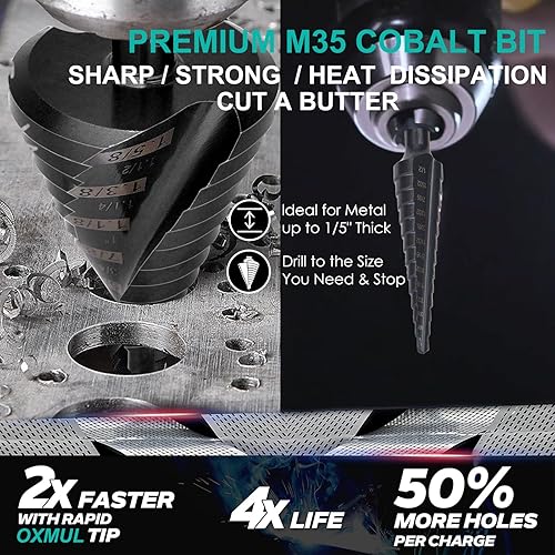 Miniatura 5 de Broca de paso grande para acero, 1-58 pulgadas (Pro) 13 agujeros, brocas de cobalto M35, extra resistente para acero inoxidable, metal duro,