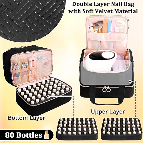 Miniatura 2 de Bolsa organizadora de esmalte de uñas con capacidad para 50 botellas (0.5 fl oz0.5 onzas) y lámpara de uñas, kit de terciopelo suave para uñas,