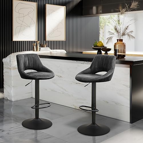 Miniatura 8 de Juego de 2 taburetes de bar giratorios, taburetes de bar ajustables con altura de mostrador, sillas de bar modernas con respaldo y reposapiés,