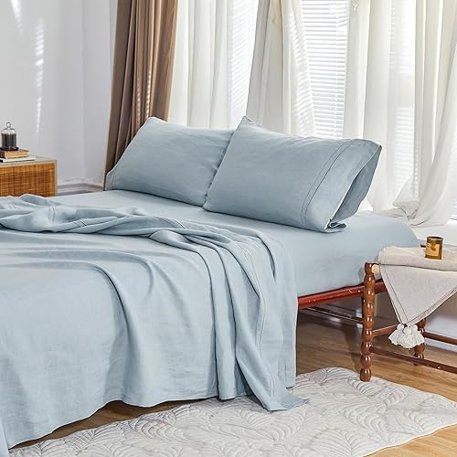 Miniatura 9 de Simple&Opulence Juego de sábanas de 100 % lino francés, transpirable y duradero, 4 piezas, 1 sábana encimera, 1 sábana bajera, 2 fundas de almohada,