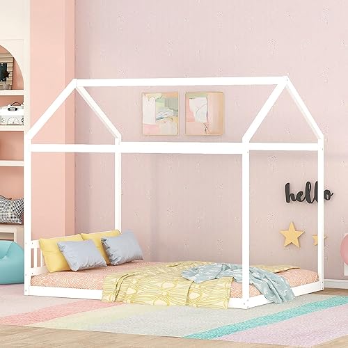 MERITLINE Marco de cama de casa para niños, cama doble de madera con cabecero para niños, cama Montessori con listones de apoyo para niños y niñas