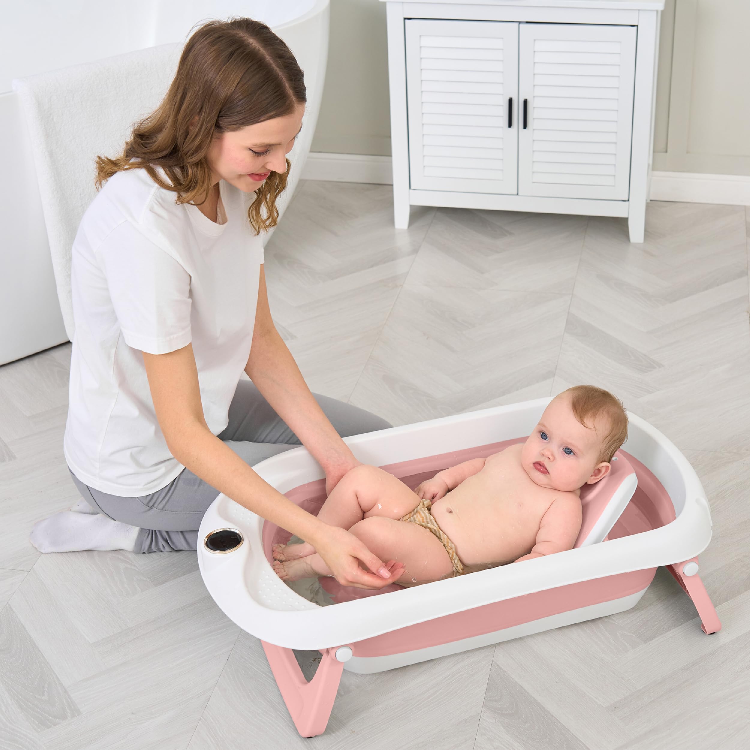 Bañera Plegable Bebé Con Asiento De Baño Antideslizante - bañera Bebe Plegable Con Termómetro - Asiento Bañera Bebe - Silla - Desde El Nacimiento Hasta Los 3 Años - Regalos De Nacimiento (ROSA)