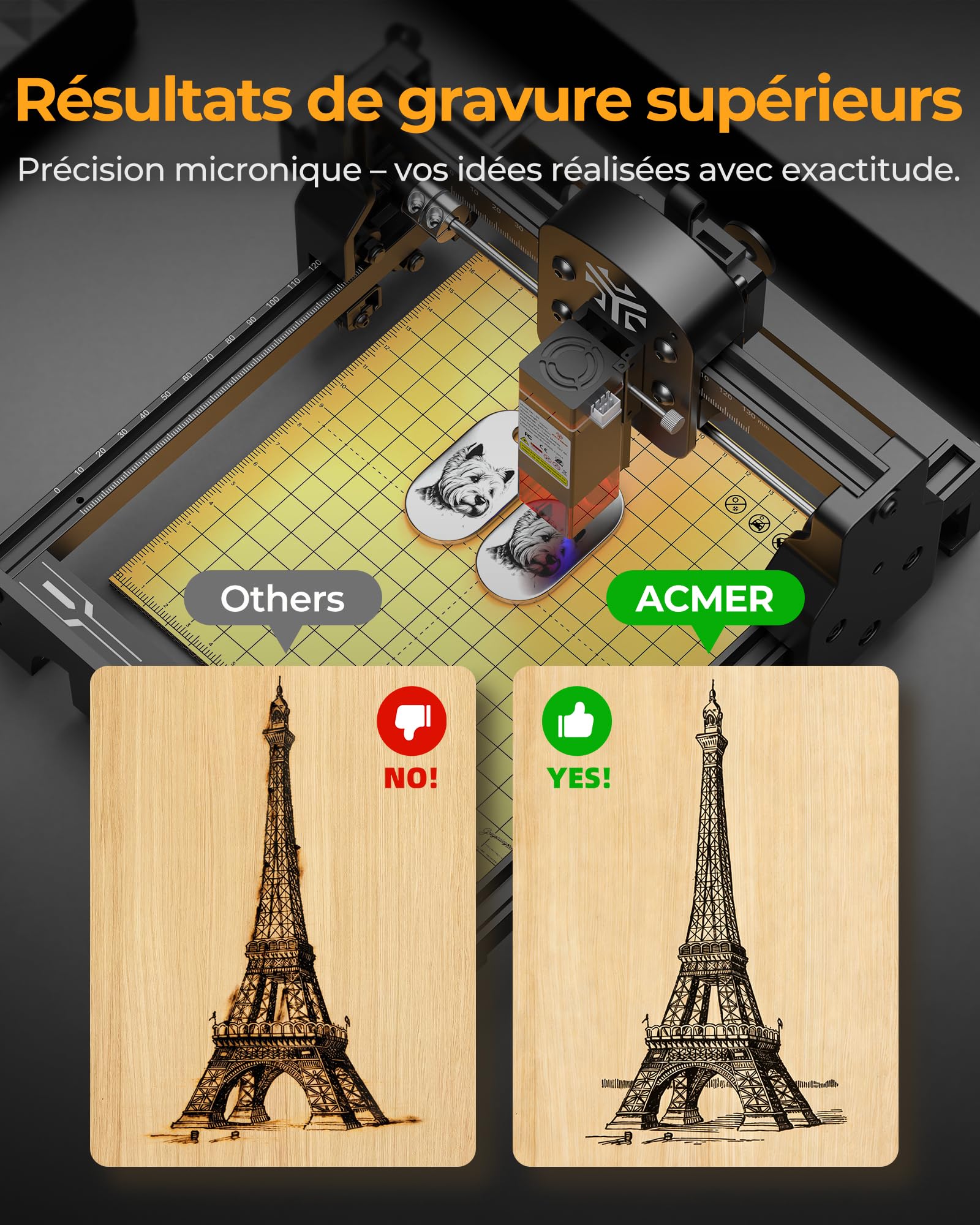 ACMER T1 6W Machine de Gravure Laser, Mini-DéCoupeuse Portable, DéCoupe Laser Haute PréCision de 0,01 Mm, Zone de Travail de 130 X 130 mm, Gravure sur Bois, Cuir, Verre, MéTal