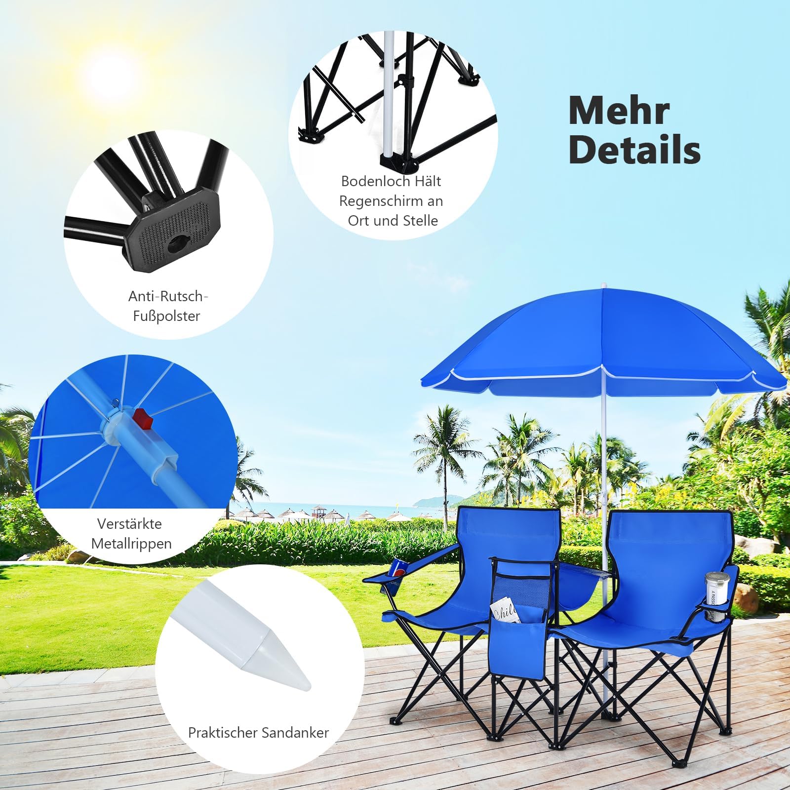 FANTASK Chaise de pêche Pliable avec Un Parasol Amovible, 2 Places, Chaise de Camping avec Sac de Transport, Chaise Pliante